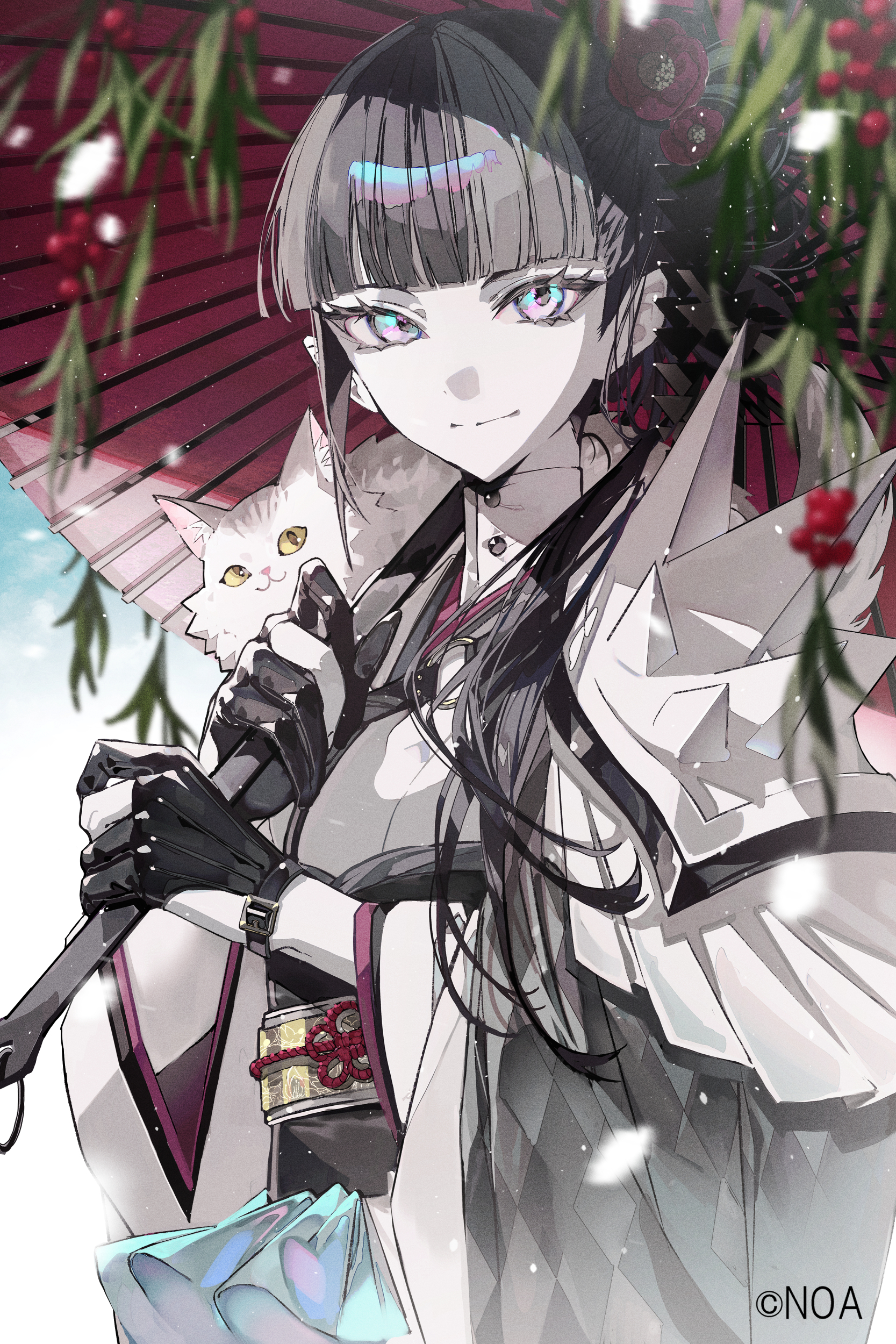 mura karuki, absurdres, commentary request, copyright request, highres, 1girl, animal, animal on shoulder, black gloves, black hair, black sash, blunt bangs, blurry, cat, cat on shoulder, closed mouth, day, gloves, grey hair, holding, holding umbrella, holly, japanese clothes, kimono, long hair, looking at viewer, multicolored eyes, oil-paper umbrella, outdoors, pale skin, partially fingerless gloves, red umbrella, sash, smile, snowing, spikes, umbrella, upper body, watermark, white kimono