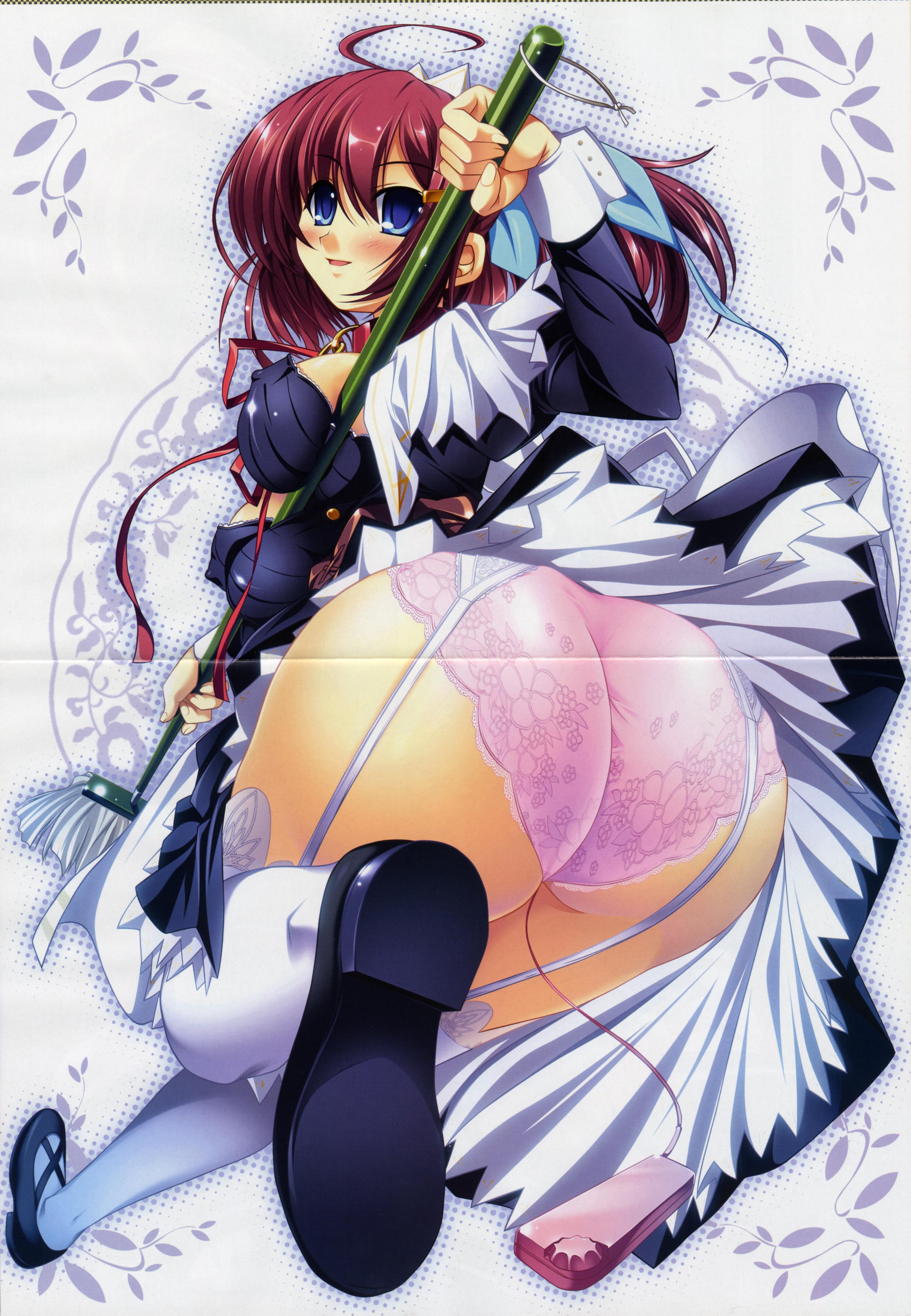 yatsuha kanan, murakumo sakura, goshujin-sama daisuki, absurdres, highres, 1girl, ass, blue eyes, breast press, breasts, broom, collar, female focus, huge ass, large breasts, looking back, maid, panties, pink panties, sex toy, solo, thighhighs, underwear, vibrator