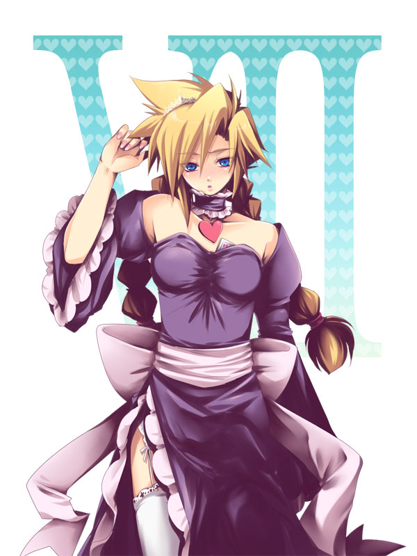 shima chiyo, cloud strife, final fantasy, final fantasy vii, bad id, 1990s (style), 1girl, alternate costume, blonde hair, blue eyes, braid, breast padding, breasts, card, card (medium), choker, crossdressing, crossdressing (ftm), crossdressing (mtf), dress, female focus, ff gradient, garter belt, garter straps, genderswap, genderswap (mtf), heart, maid, retro artstyle, solo, thighhighs, tiara, twin braids, wall market