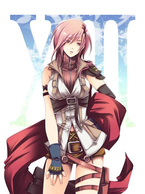 shima chiyo, lightning farron, final fantasy, final fantasy xiii, bad id, 10s, 1girl, belt, breasts, female focus, ff gradient, fingerless gloves, gloves, large breasts, legs, miniskirt, pink eyes, pink hair, skirt, solo, thigh strap, thighs, zipper