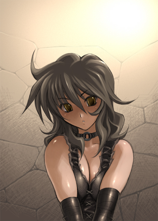 arao masaki, ophiuchus shaina, saint seiya, 1girl, bare shoulders, breasts, brown hair, cleavage, collar, female focus, grey hair, honourandblood, solo, yellow eyes