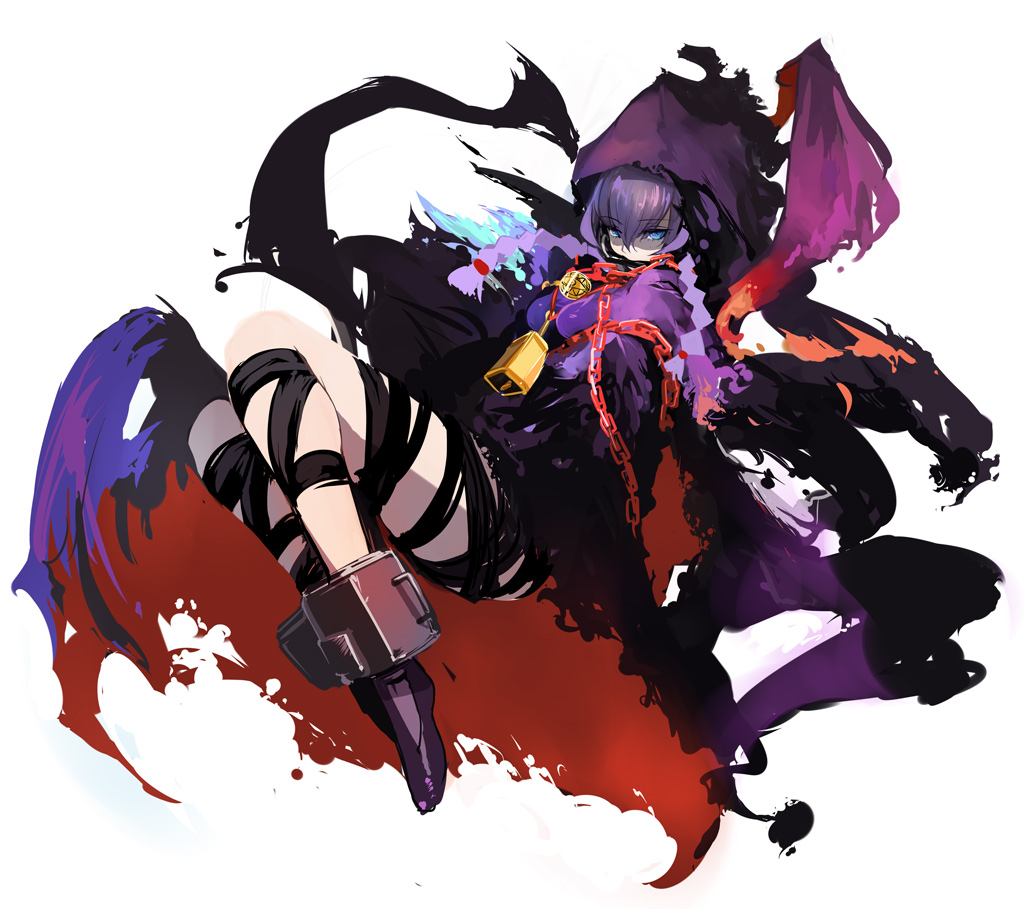 pupps, curse maker, curse maker 2, atlus, etrian odyssey, 1girl, bell, blue eyes, chain, female focus, purple hair, short hair, solo