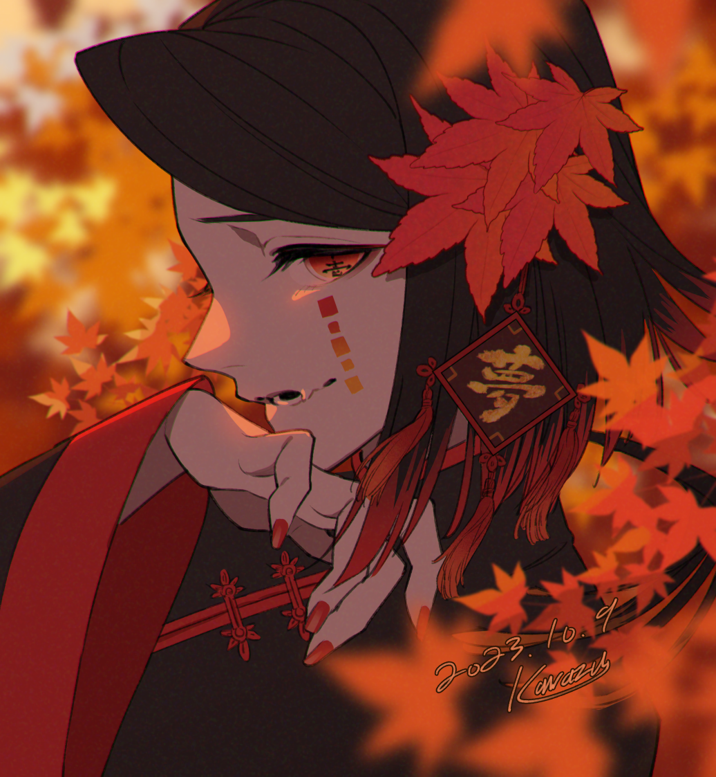 kawazu (kwzuuun), enmu (kimetsu no yaiba), kimetsu no yaiba, 1boy, 2023, artist name, autumn, autumn leaves, black hair, black shirt, blurry, blurry background, blurry foreground, chinese clothes, colored tips, dated, demon boy, eyelashes, facial mark, fang, from side, hair ornament, hand on own chin, hand up, leaf, leaf hair ornament, long sleeves, looking at viewer, male focus, mandarin collar, medium hair, multicolored hair, outdoors, parted lips, portrait, profile, red eyes, red nails, red trim, shirt, signature, skin fang, smile, solo, tassel, tassel hair ornament, tears facial mark, trap, wide sleeves