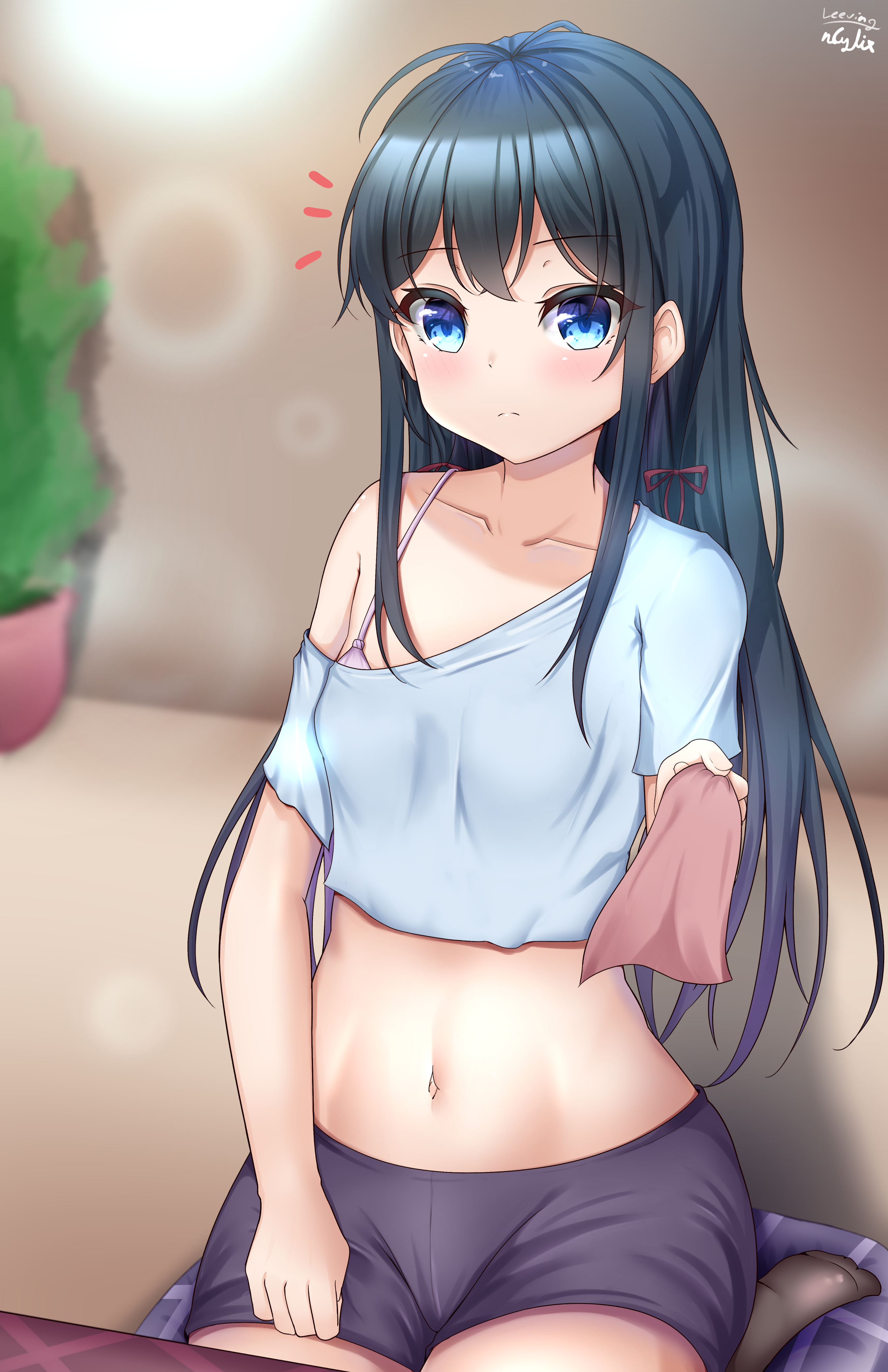 yukinoshita yukino, yahari ore no seishun lovecome wa machigatteiru., absurdres, commentary, highres, 1girl, ahoge, alternate costume, black hair, black shorts, black socks, blue eyes, blue skirt, blush, bra, bra peek, breasts, cleavage, collarbone, cropped shirt, hair ribbon, handkerchief, holding, holding handkerchief, indoors, long hair, looking at viewer, navel, red ribbon, ribbon, sai orara13, short shorts, short sleeves, shorts, shorts tug, signature, single off shoulder, sitting, skirt, small breasts, socks, solo, underwear, wariza