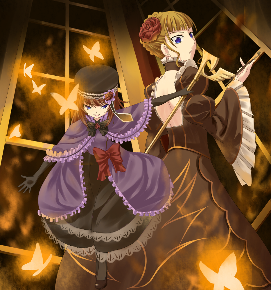 makai no koutaishi, beatrice (umineko), eva beatrice, umineko no naku koro ni, european clothes, 00s, 2girls, blonde hair, blue eyes, blue hair, bow, bug, butterfly, capelet, choker, dress, elbow gloves, flower, gloves, hair ornament, hat, kiseru, multiple girls, orange hair, rose, short hair, smoking pipe, staff