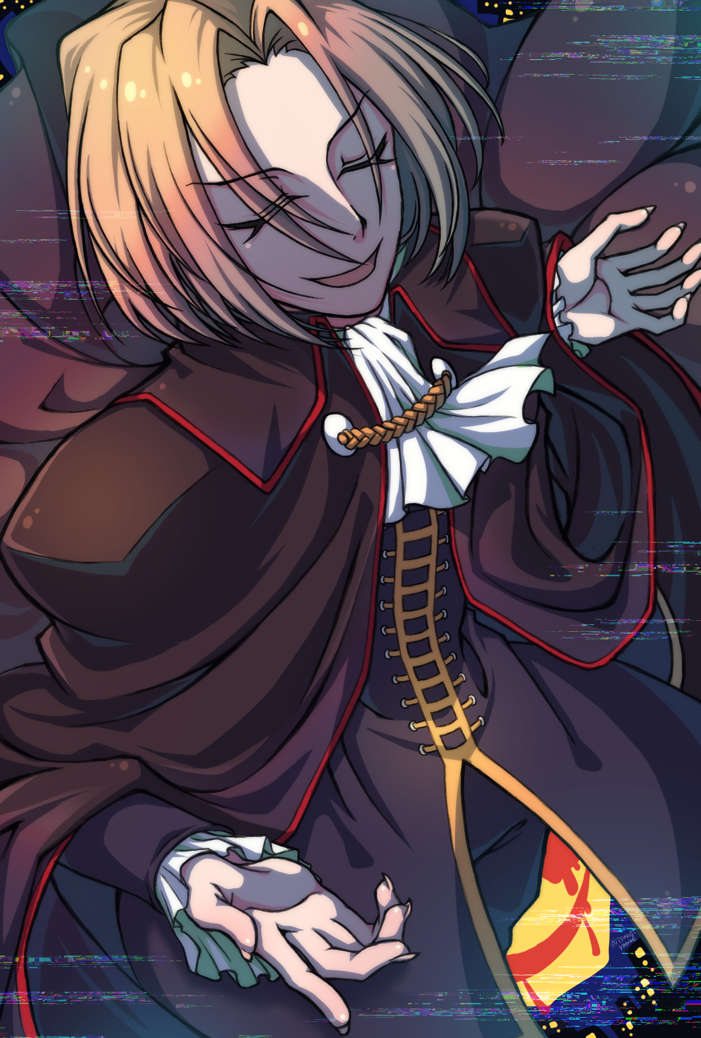 isurugiratone, night of wallachia, melty blood, tsukihime, highres, 1boy, ascot, blonde hair, blood, bloody tears, cape, city, closed eyes, curtained hair, formal clothes, frilled sleeves, frills, male focus, medium hair, moon, night, shirt, shrugging, smile, vampire, white ascot, white shirt
