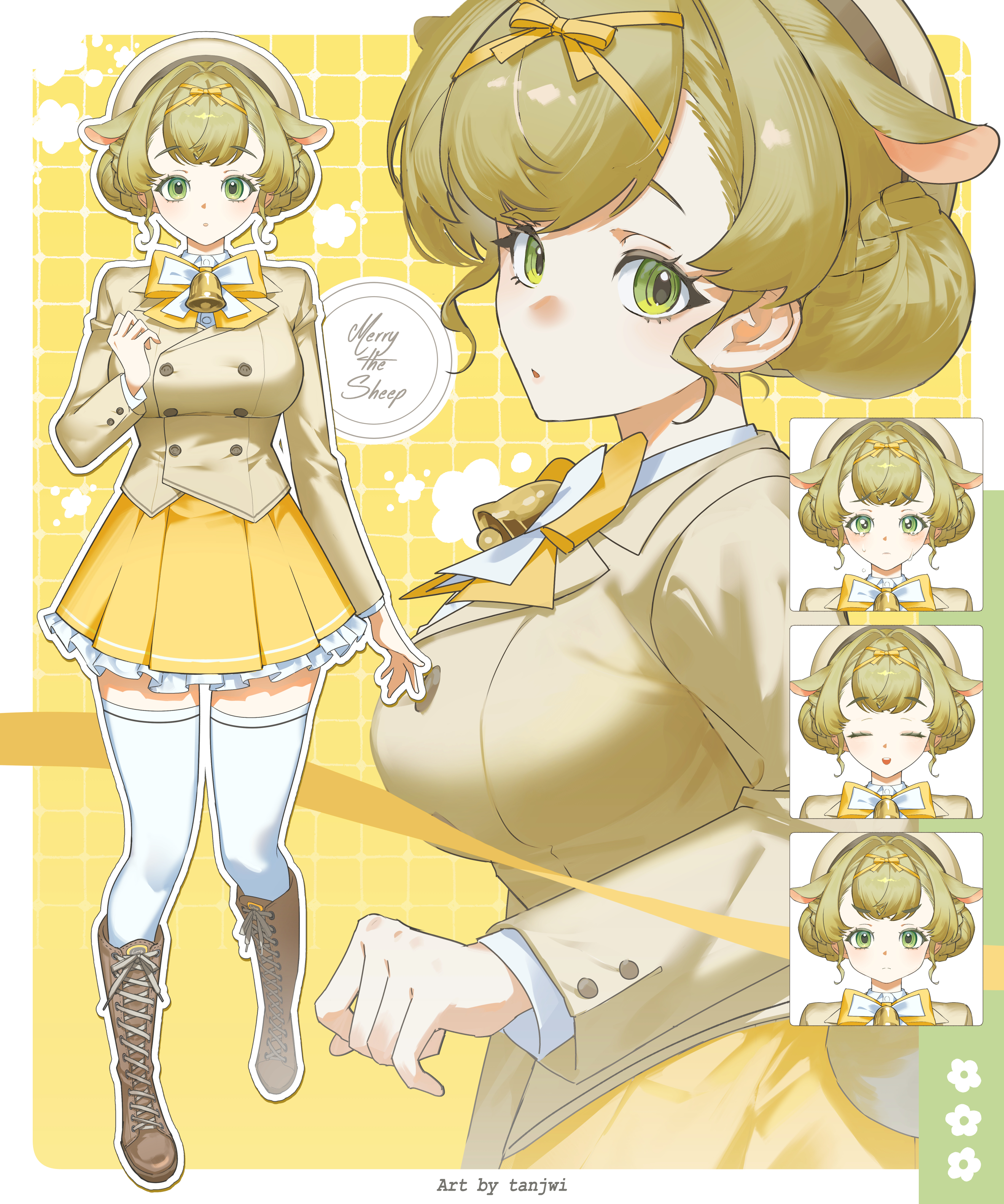 original, absurdres, highres, 1girl, animal ears, artist name, bell, beret, blonde hair, boots, braid, breasts, character name, double bun, full body, green eyes, hair bun, hair ribbon, hat, knee boots, large breasts, multiple expressions, multiple views, neck bell, parted lips, ribbon, school uniform, sheep ears, sheep girl, short hair, tanjwi, thighhighs, white thighhighs, zettai ryouiki