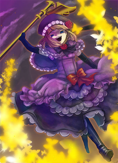 nanamako, eva beatrice, umineko no naku koro ni, 00s, blue eyes, bow, bug, butterfly, dress, elbow gloves, flower, gloves, hat, insect, orange hair, rose, short hair, solo, staff