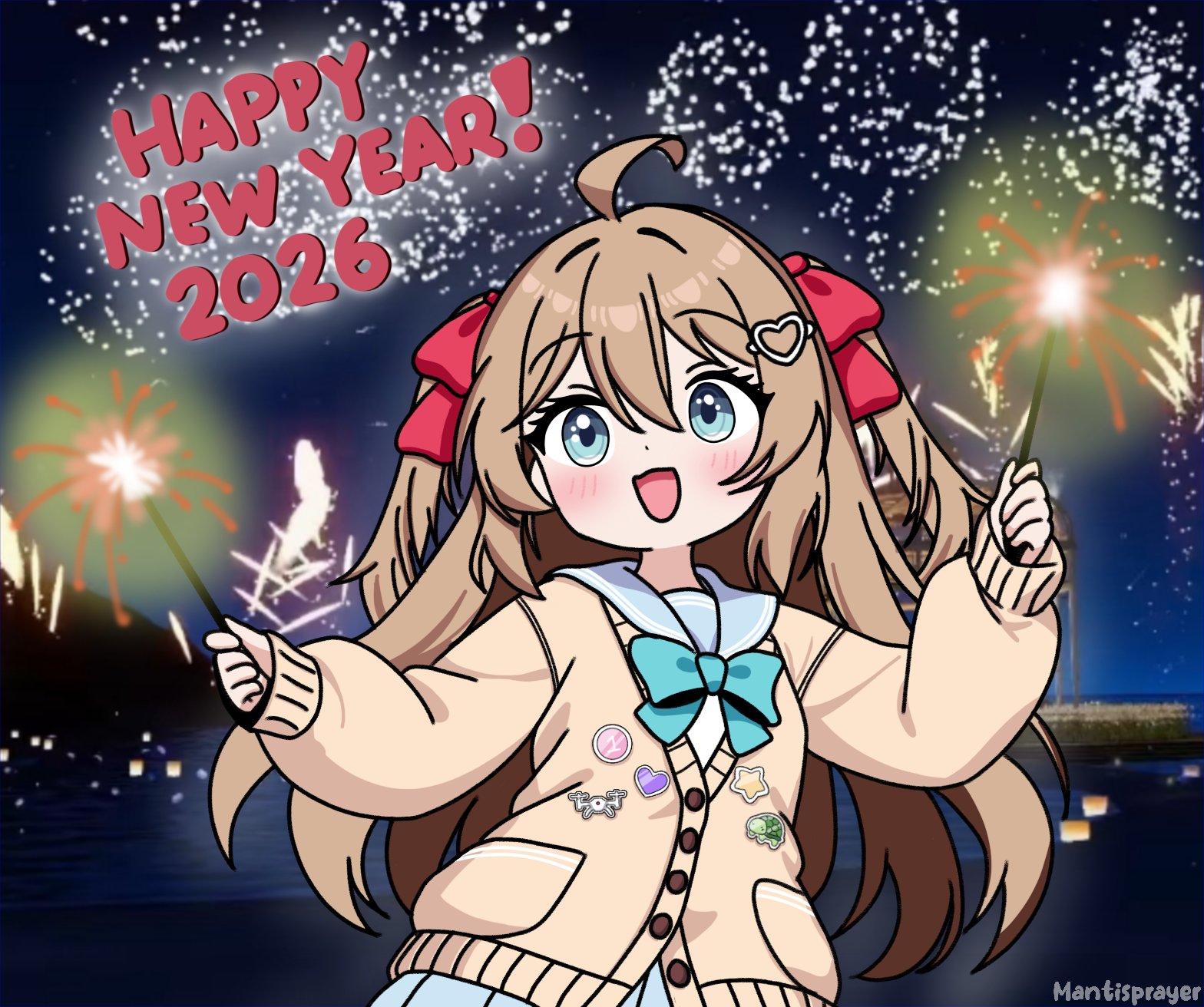 neuro-sama, vedal ai, vrchat, highres, 1girl, :d, aerial fireworks, ahoge, aqua bow, aqua bowtie, artist name, beach, blue eyes, blue sailor collar, blue skirt, blush, bow, bowtie, brown hair, cardigan, cowboy shot, double-parted bangs, eyelashes, fireworks, hair between eyes, hair intakes, hair ornament, hair ribbon, happy new year, heart, heart hair ornament, holding, holding fireworks, lantern, long hair, looking at viewer, mantisprayer22, new year, night, ocean, open mouth, pleated skirt, red ribbon, ribbon, sailor collar, skirt, sky, smile, solo, sparkler, star (sky), starry sky, two side up, yellow cardigan