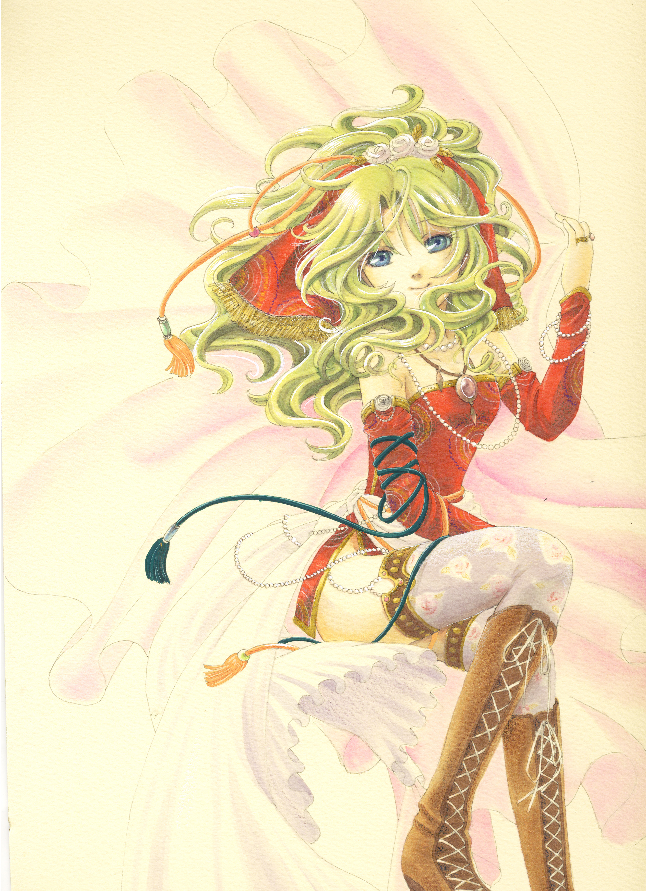 socha, tina branford, final fantasy, final fantasy vi, absurdres, highres, 1990s (style), bare shoulders, boots, brown boots, elbow gloves, flower, gloves, green hair, jewelry, long hair, off shoulder, ponytail, retro artstyle, ribbon, smile, solo, thighhighs
