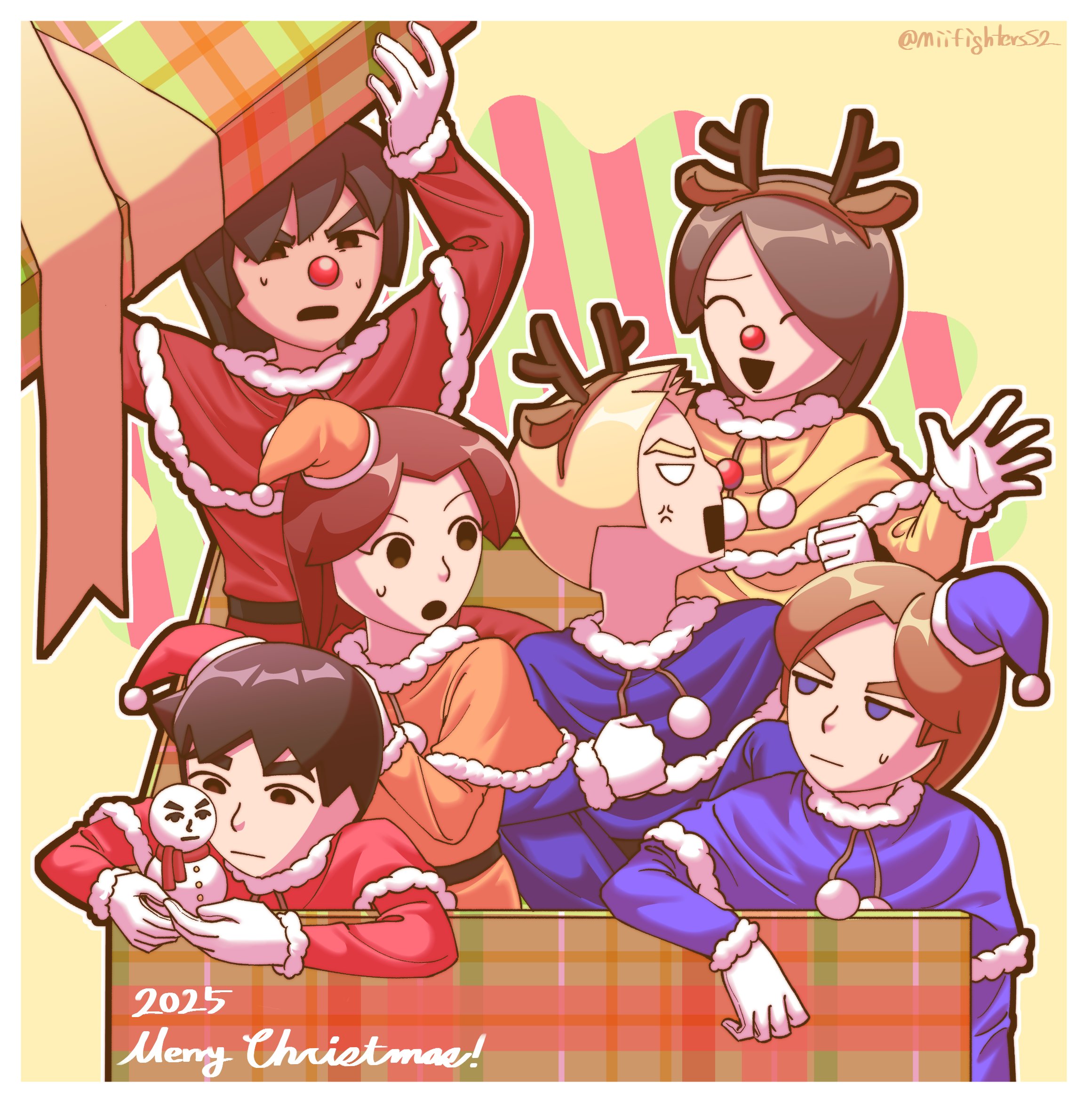 miifighterss2, mii (nintendo), mii brawler, mii brawler (smash 4), mii brawler (smash ultimate), mii gunner, mii gunner (smash ultimate), mii swordfighter, mii swordfighter (smash ultimate), nintendo, super smash bros., highres, 2025, 2girls, 4girls, ^ ^, anger vein, animal costume, animal ears, antlers, black eyes, black hair, blank eyes, blonde hair, blue capelet, blue eyes, blue jacket, blue shirt, border, box, brown hair, capelet, christmas, christmas present, closed eyes, closed mouth, deer ears, dress, fake animal ears, fake antlers, fur-trimmed capelet, fur trim, gift, gift box, gloves, hat, holding, holding gift, horns, in box, in container, jacket, long hair, long sleeves, looking at another, merry christmas, multiple boys, multiple girls, open mouth, orange dress, orange shirt, orange sweater, parted bangs, red capelet, red nose, reindeer antlers, reindeer costume, santa costume, santa hat, shirt, short hair, smile, snowman, stuffed toy, sweat, sweatdrop, sweater, twitter username, white border, white gloves, yellow background
