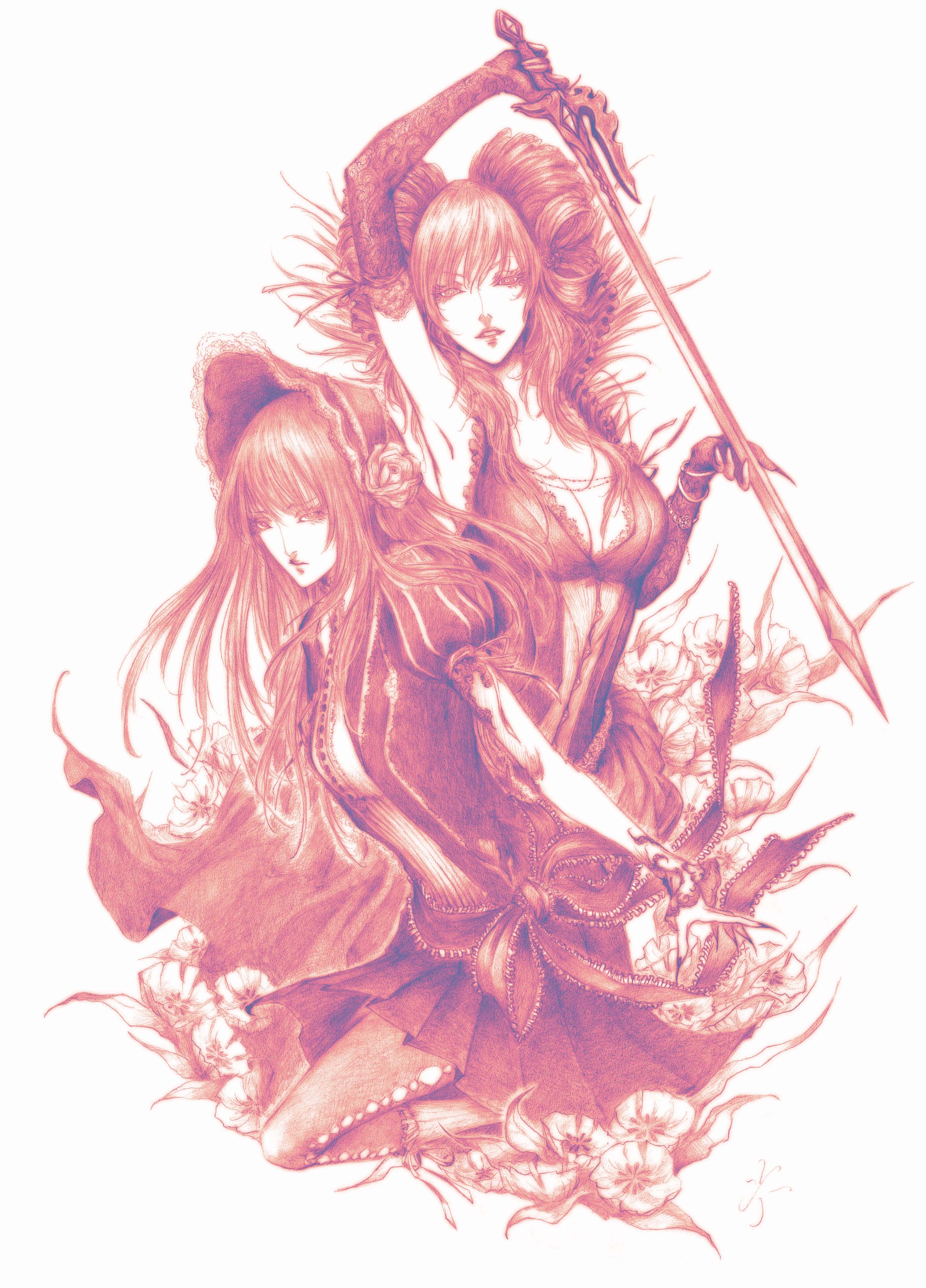 daburoku, loretta lecarde, stella lecarde, castlevania: portrait of ruin, castlevania (series), absurdres, highres, 2girls, breasts, cleavage, dress, flower, large breasts, long hair, monochrome, multiple girls, pink theme, siblings, simple background, sisters, sword, weapon, white background