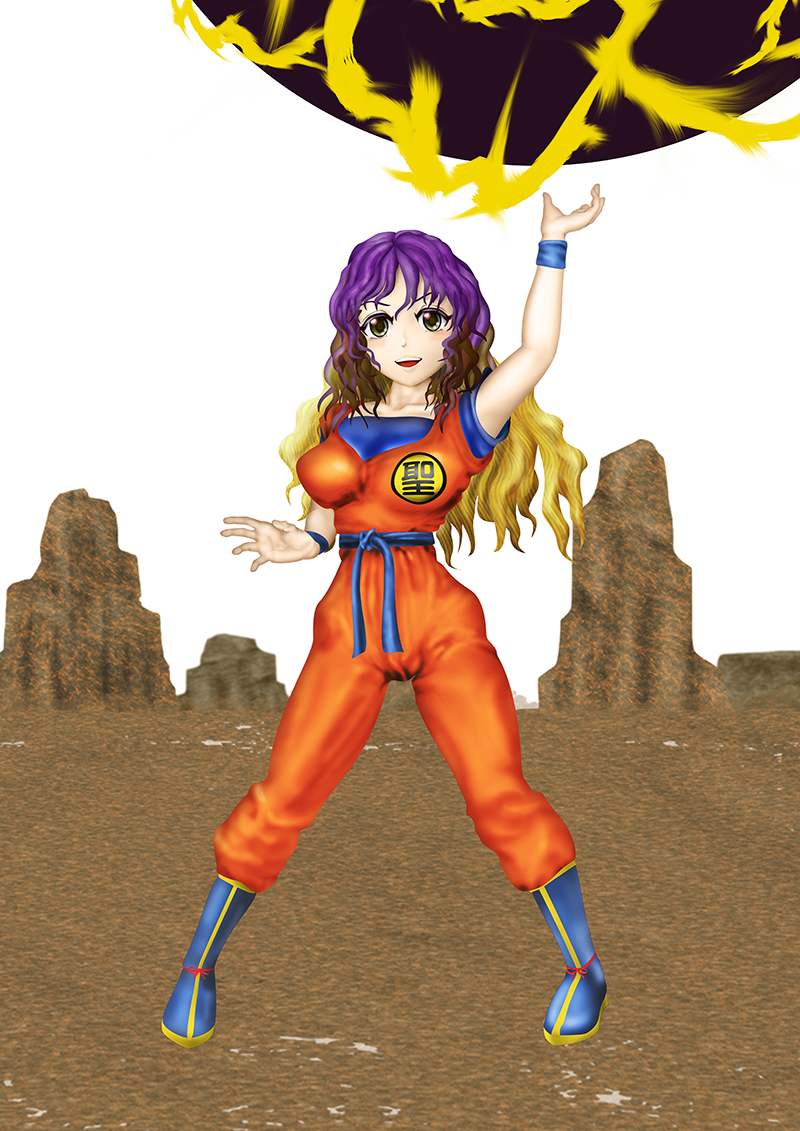 kams, hijiri byakuren, dragon ball, touhou, blonde hair, blue boots, blue sash, blue wrist cuffs, blush stickers, boots, breasts, collarbone, death ball (technique), gradient hair, jumpsuit, large breasts, long hair, looking at viewer, multicolored hair, open mouth, orange jumpsuit, parody, purple hair, sash, standing, wrist cuffs, yellow eyes