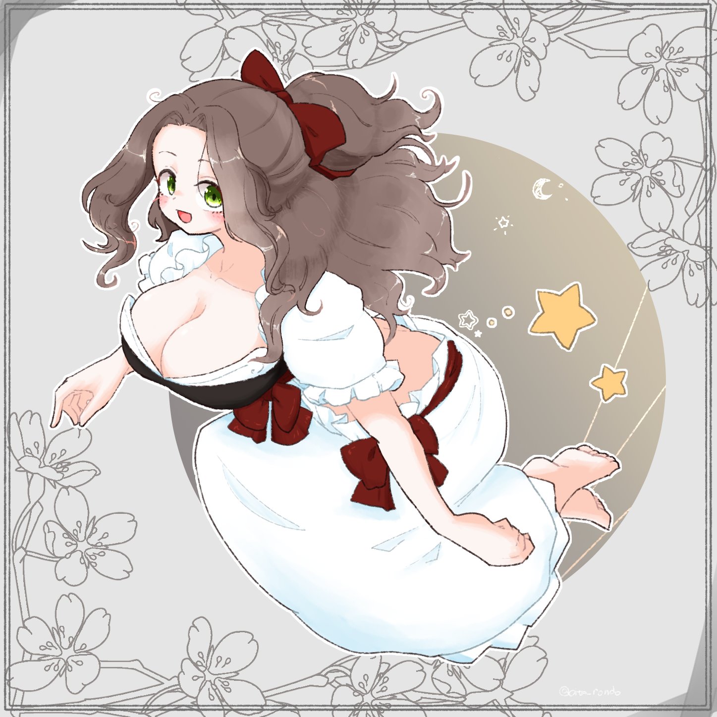 olto rondo, original, highres, 1girl, :d, barefoot, blush, bow, breasts, brown hair, cleavage, forehead, frilled shirt, frills, full body, green eyes, grey background, hair bow, hand up, inset border, large breasts, long hair, long skirt, looking at viewer, open mouth, red bow, shirt, short sleeves, skirt, smile, solo, star (symbol), white shirt, white skirt