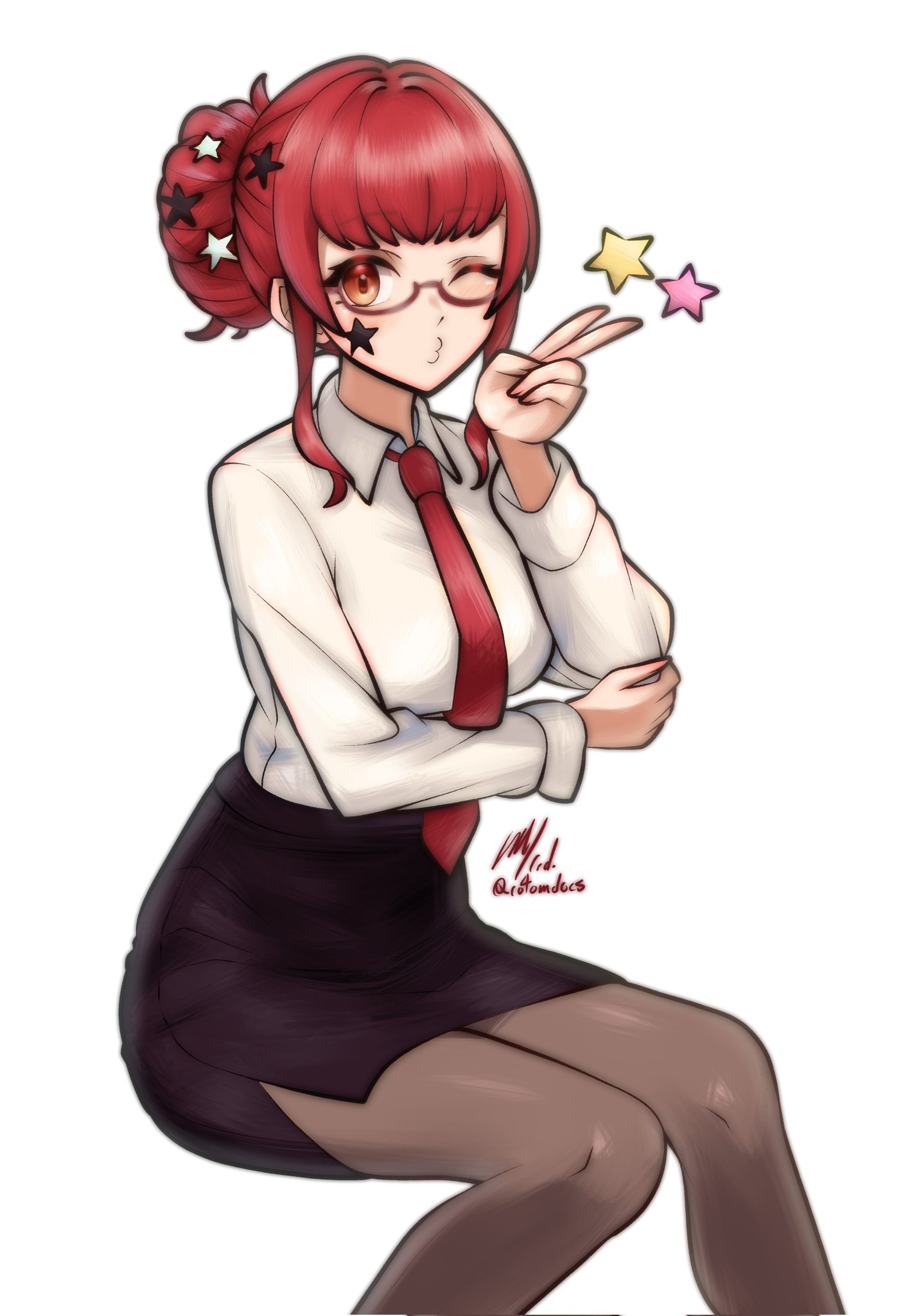rotomdocs, yunaka (fire emblem), fire emblem, fire emblem engage, nintendo, commentary, commission, english commentary, highres, 1girl, ;o, alternate costume, alternate hairstyle, artist name, bespectacled, black skirt, blowing kiss, breasts, collared shirt, contemporary, facial mark, feet out of frame, glasses, hair ornament, high-waist skirt, invisible chair, medium breasts, medium hair, necktie, office lady, one eye closed, pantyhose, pencil skirt, puckered lips, red-framed eyewear, red hair, red necktie, semi-rimless eyewear, shirt, sidelocks, simple background, sitting, skirt, solo, star (symbol), star facial mark, star hair ornament, twitter username, under-rim eyewear, v, white background, white shirt