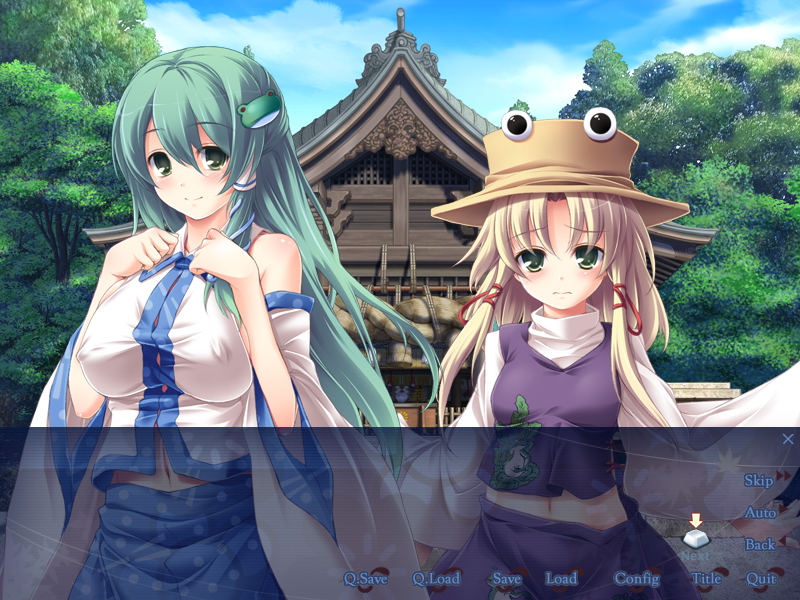takamu, kochiya sanae, moriya suwako, touhou, game cg, 2girls, blonde hair, breasts, covered erect nipples, detached sleeves, female focus, frog, green eyes, green hair, hair ornament, hat, japanese clothes, large breasts, long hair, multiple girls, parody, snake, template, visual novel