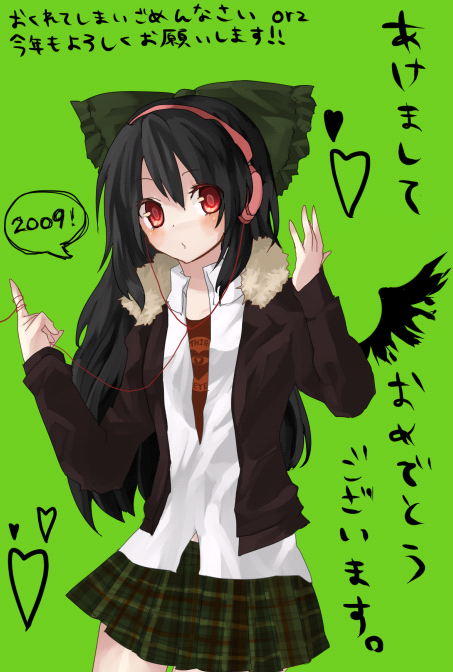 kame, reiuji utsuho, touhou, bad id, bad pixiv id, 1girl, 2009, alternate costume, black hair, bow, contemporary, cowboy shot, female focus, frilled bow, frills, fur-trimmed jacket, fur trim, green background, green bow, green skirt, hair bow, hairband, headphones, heart, jacket, long hair, looking at viewer, plaid clothes, plaid skirt, red eyes, ribbon, shirt, skirt, solo, white shirt