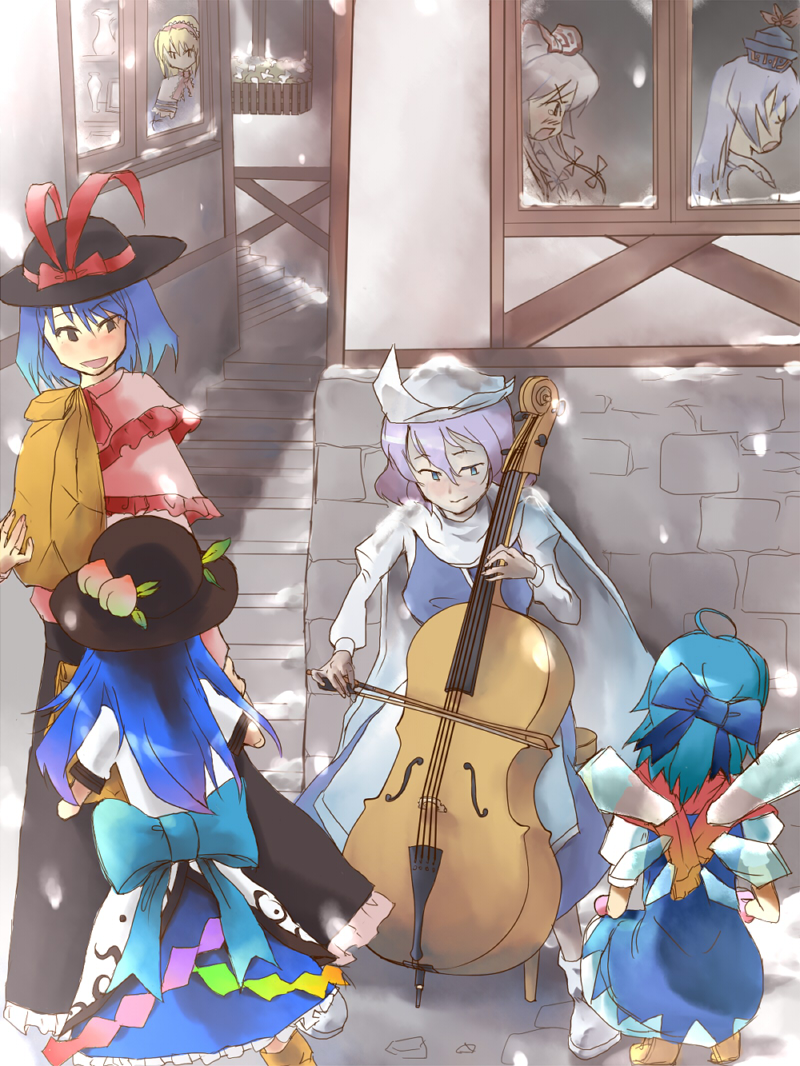 nyararuto, alice margatroid, cirno, cirno-nee, fujiwara no mokou, hinanawi tenshi, kamishirasawa keine, letty whiterock, nagae iku, touhou, 6+girls, blue hair, cello, female focus, food, fruit, hat, instrument, multiple girls, peach, purple hair, ribbon, town, window