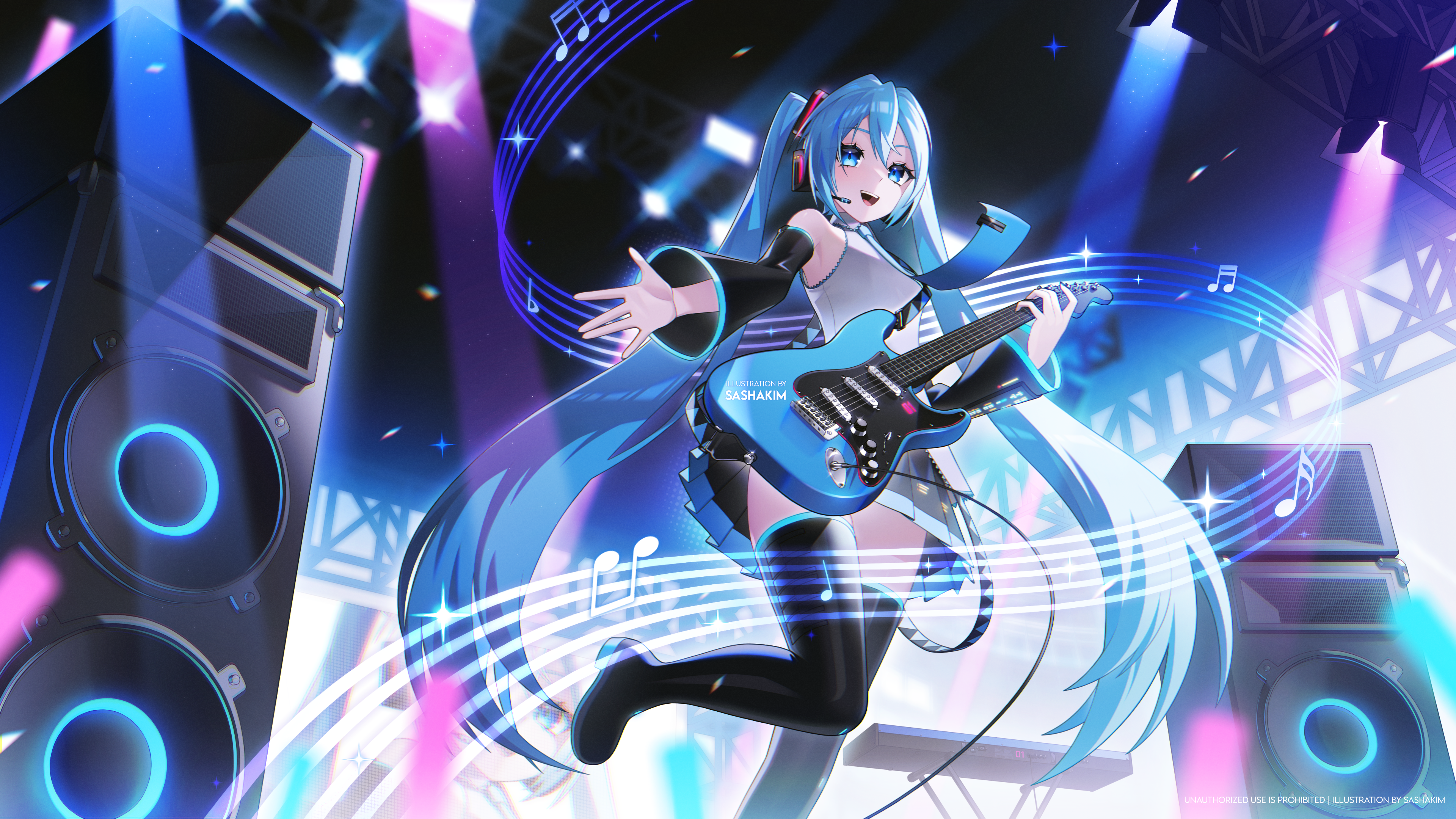 sashakimart, hatsune miku, vocaloid, absurdres, commentary request, highres, 1girl, aqua eyes, aqua hair, aqua necktie, aqua trim, black skirt, blush, breasts, collarbone, collared shirt, detached sleeves, electric guitar, foot out of frame, grey shirt, guitar, hair between eyes, hair ornament, holding, holding guitar, holding instrument, instrument, long hair, long sleeves, looking at viewer, medium breasts, miniskirt, musical note, musical staff, necktie, open mouth, pleated skirt, shirt, skirt, sleeveless, sleeveless shirt, smile, solo, speaker, standing, standing on one leg, twintails, very long hair, wide sleeves