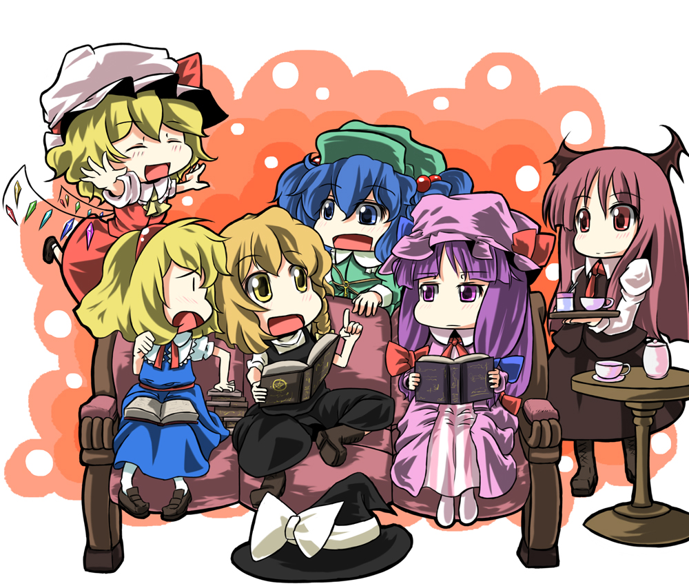 r0g0b0, alice margatroid, flandre scarlet, kawashiro nitori, kirisame marisa, koakuma, patchouli knowledge, touhou, bad id, bad pixiv id, 6+girls, blonde hair, book, chibi, female focus, hat, multiple girls, ribbon, two side up