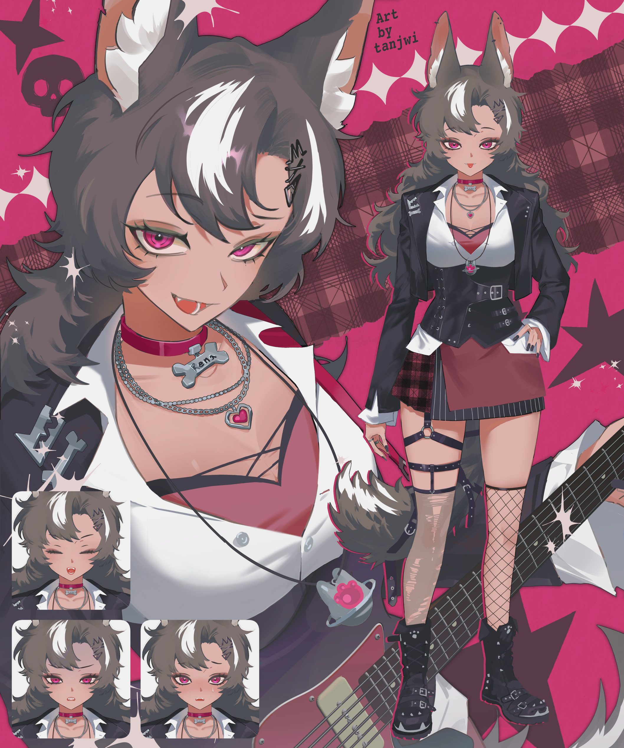 original, absurdres, highres, 1girl, animal ear fluff, animal ears, artist name, asymmetrical legwear, black hair, black nails, breasts, chain, chain necklace, choker, cleavage, dark-skinned female, dark skin, eyeliner, fishnet thighhighs, fishnets, full body, garter straps, guitar, instrument, jewelry, large breasts, looking at viewer, makeup, mismatched legwear, multicolored hair, multiple expressions, multiple rings, multiple views, necklace, pink eyes, ring, sparkle, streaked hair, tail, tanjwi, thighhighs, tongue, tongue out, torn clothes, torn thighhighs, white hair, wolf ears, wolf girl, wolf tail