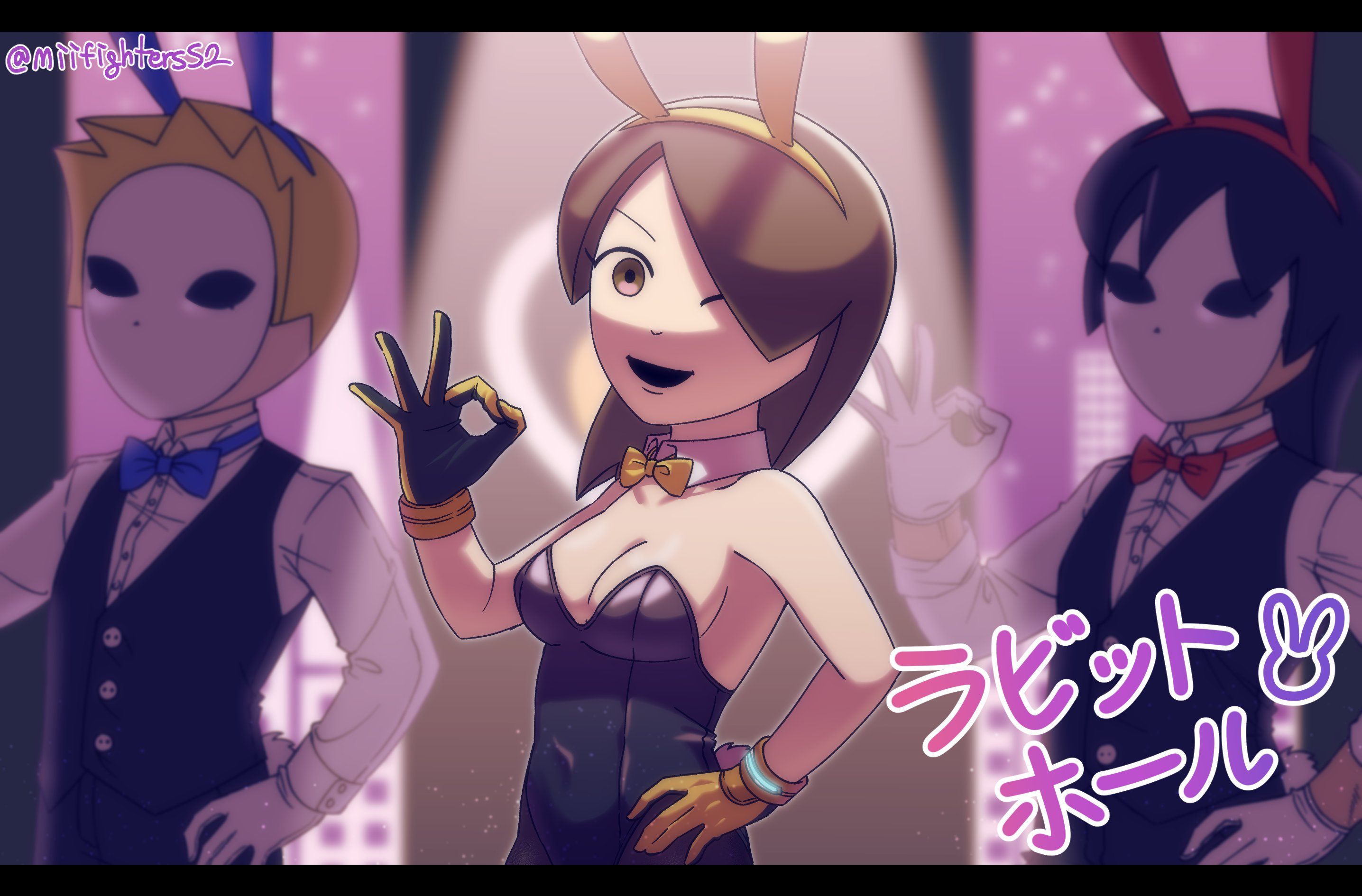 miifighterss2, mii (nintendo), mii brawler, mii brawler (smash ultimate), mii gunner, mii gunner (smash ultimate), mii swordfighter, nintendo, rabbit hole (vocaloid), super smash bros., highres, 1girl, 2boys, animal ears, black hair, black leotard, black vest, blonde hair, blue bow, blue bowtie, bow, bowtie, breasts, brown eyes, brown hair, bunny day, buttons, cleavage, collared shirt, covered navel, detached collar, dress shirt, fake animal ears, fake tail, gloves, hair over one eye, hairband, hand on own hip, leotard, long hair, looking at viewer, mask, medium breasts, multiple boys, ok sign, one eye closed, open mouth, pantyhose, playboy bunny, rabbit ears, rabbit tail, red bow, scene reference, shirt, short hair, smile, strapless, strapless leotard, tail, traditional bowtie, twitter username, vest, white gloves, white shirt, yellow bow, yellow bowtie, yellow gloves, yellow hairband