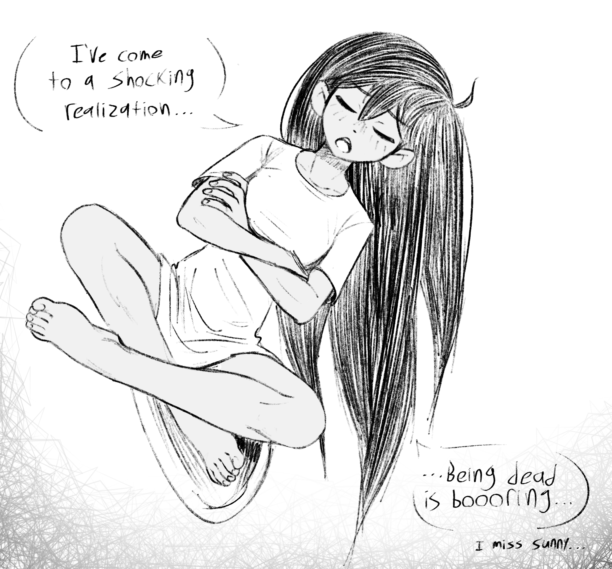 cabronpr, mari (omori), mari (spirit) (omori), omori, absurdres, commentary, english commentary, highres, spoilers, 1girl, ahoge, bare arms, bare legs, barefoot, chestnut mouth, closed eyes, collarbone, crossed arms, double-parted bangs, dress, dutch angle, english text, facing viewer, feet, fingernails, floating, hair behind ear, hair between eyes, hatching (texture), indian style, long hair, open mouth, short dress, short sleeves, simple background, sitting, solo, speech bubble, straight-on, teeth, toenails, toes, tongue, u u, upper teeth only, very long hair, white background