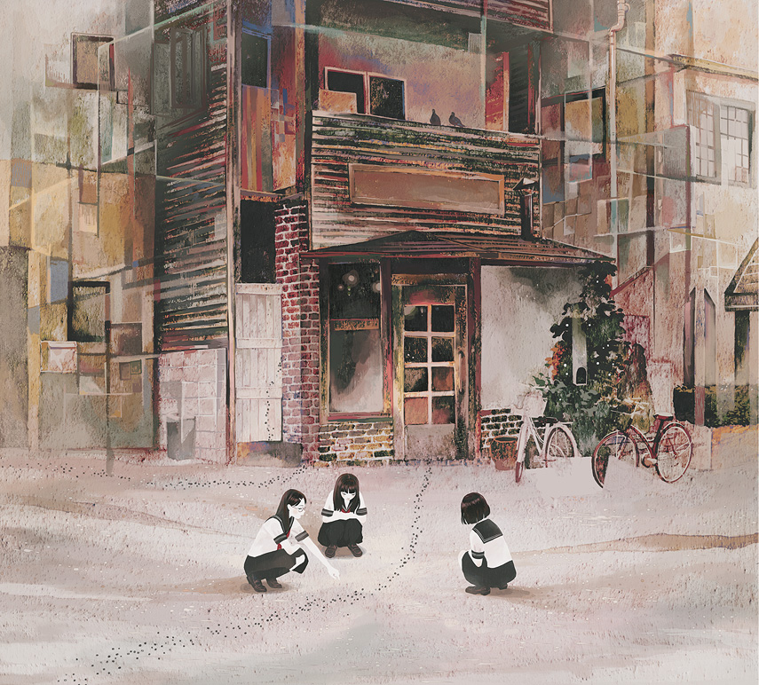 kumaori jun, original, bad id, bad pixiv id, 3girls, abstract, ant, bicycle, bird, bug, cubism, house, insect, multiple girls, school uniform, serafuku