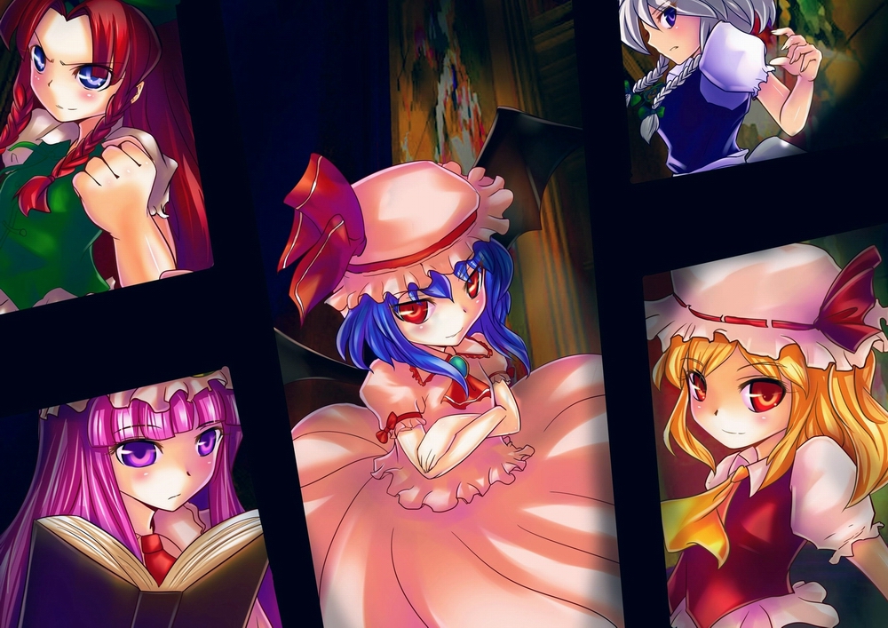 mikoto (mio), flandre scarlet, hong meiling, izayoi sakuya, patchouli knowledge, remilia scarlet, embodiment of scarlet devil, touhou, silver hair, bad id, bad pixiv id, 5girls, bat wings, blonde hair, blue eyes, blue hair, book, braid, china dress, chinese clothes, dress, female focus, hat, long hair, maid, multiple girls, ponytail, purple eyes, purple hair, red eyes, red hair, short hair, siblings, side ponytail, sisters, twin braids, upper body, wings