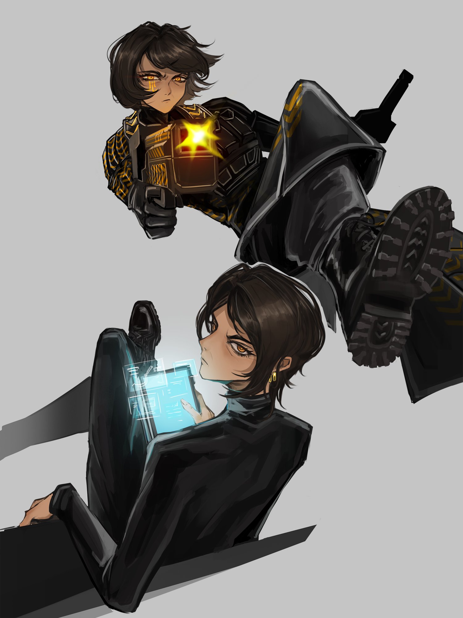 outis (project moon), limbus company, project moon, highres, 1girl, black gloves, black jacket, black pants, black shoes, boots, brown hair, combat boots, dark-skinned female, dark skin, earrings, facial mark, facial tattoo, facing viewer, firing, firing at viewer, formal clothes, gloves, grey background, gun, handgun, holding, holding gun, holding weapon, jacket, jewelry, pants, shoes, suit, tattoo, udjat (identity) (project moon), udjat (project moon), weapon, yellow eyes, zio 444