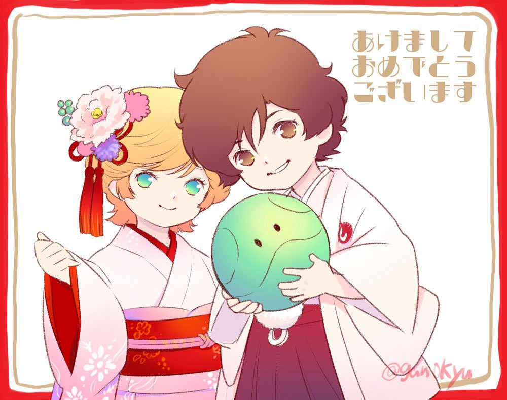 aiya kyuu, audrey burne, banagher links, haro, gundam, gundam unicorn, 1boy, 1girl, artist name, blonde hair, brown eyes, brown hair, chibi, cosplay, flower, green eyes, hair flower, hair ornament, japanese clothes, kimono, new year, smile