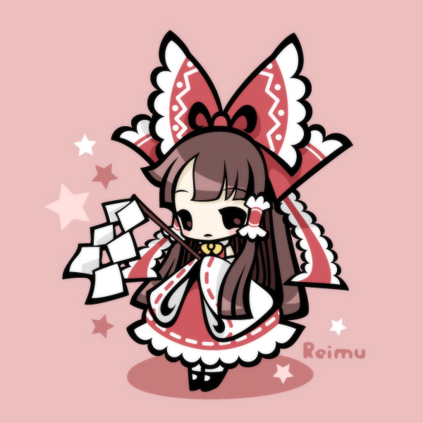 panda lanlan, hakurei reimu, touhou, 1girl, bow, character name, chibi, female focus, gohei, hair bow, hair ribbon, hair tubes, japanese clothes, long hair, miko, red theme, ribbon, solo, star (symbol), tiptoes, wide sleeves