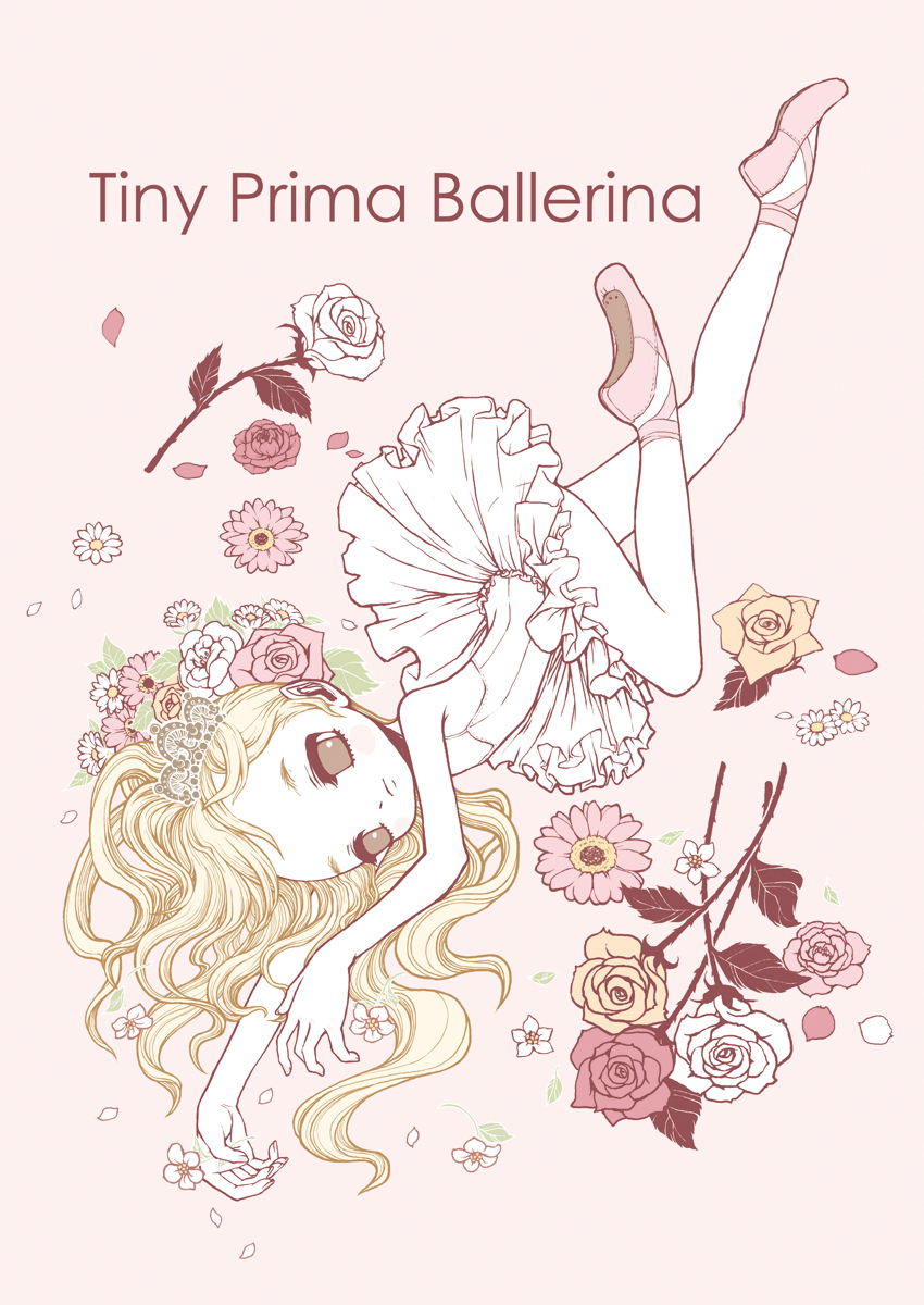 panda lanlan, highres, 1girl, ballerina, ballet, ballet slippers, blonde hair, female focus, flower, footwear ribbon, hair flower, hair ornament, lying, pantyhose, rose, solo, tutu, white pantyhose