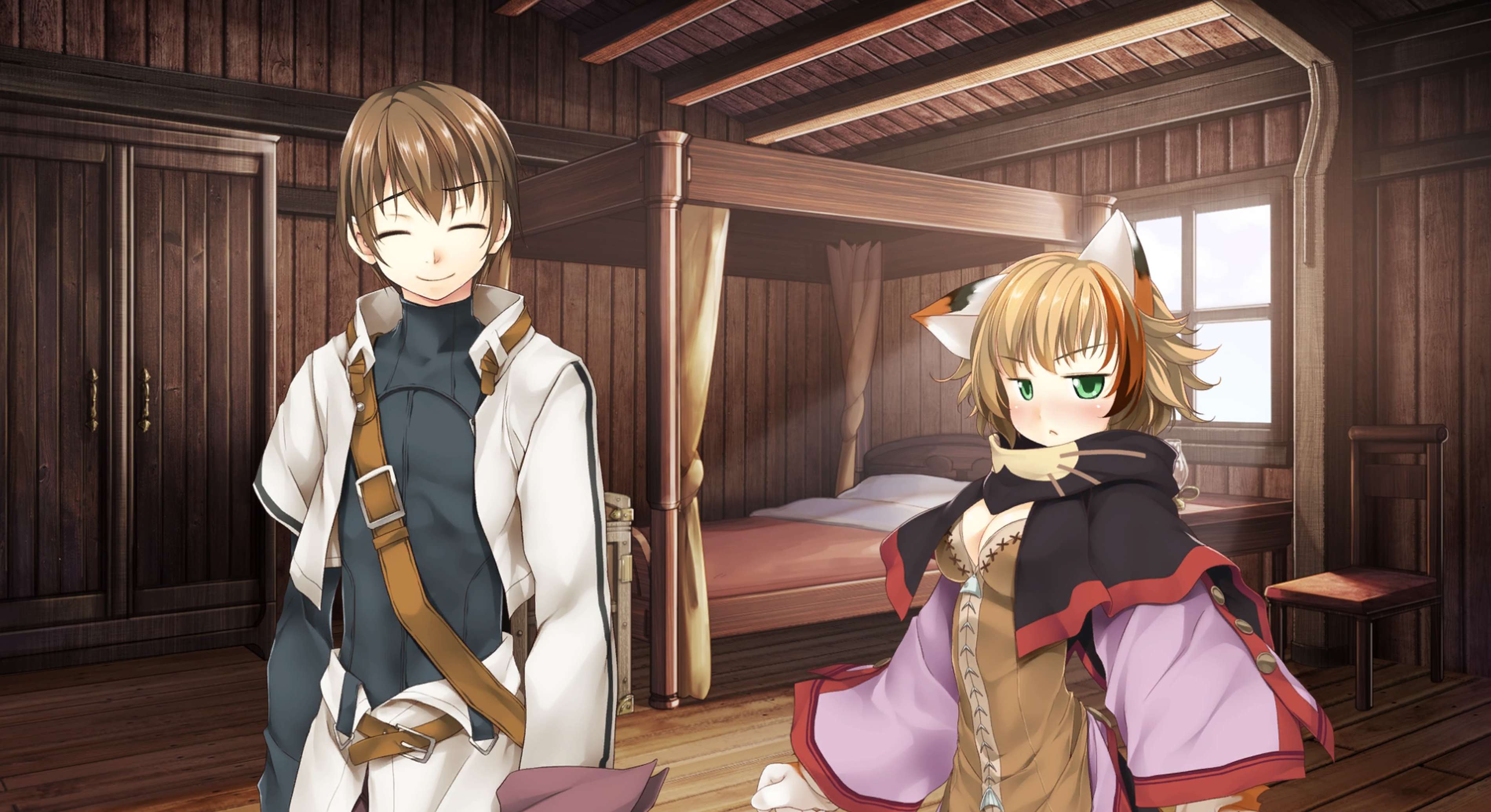 atelier-moo, alto travers, feline sora, wizards symphony, absurdres, game cg, highres, non-web source, official art, 1boy, 1girl, :<, ^ ^, animal ears, animal hands, bed, belt, black capelet, black shirt, blush, breasts, brown belt, brown bustier, brown hair, bustier, capelet, cat ears, cat girl, cat paws, ceiling, chair, cleavage, clenched hands, closed eyes, closed mouth, colored tips, cowboy shot, cropped jacket, curtains, day, embarrassed, flipped hair, fluffy, gloves, green eyes, hair between eyes, indoors, jacket, jitome, lamp, large breasts, long sleeves, multicolored gloves, multicolored hair, paw gloves, shirt, short hair, side-by-side, smile, standing, two-tone gloves, uneven sleeve, v-shaped eyebrows, white gloves, white jacket, wide sleeves, wince, window, wooden box, wooden ceiling, wooden chair, wooden floor, wooden wall