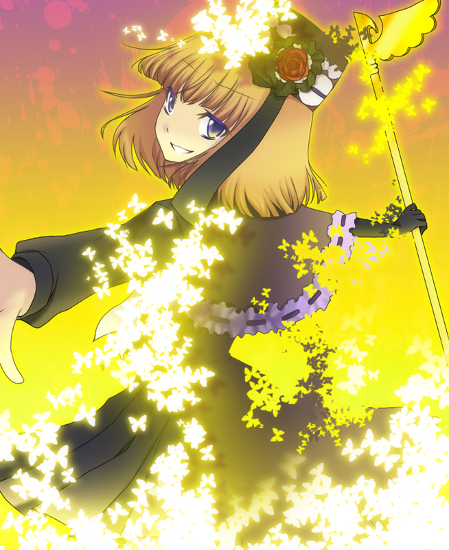 shimizu, shizuki mizuha, eva beatrice, umineko no naku koro ni, bad id, bad pixiv id, 00s, 1girl, blue eyes, bow, bug, butterfly, dress, female focus, flower, hat, insect, orange hair, rose, school uniform, solo, staff