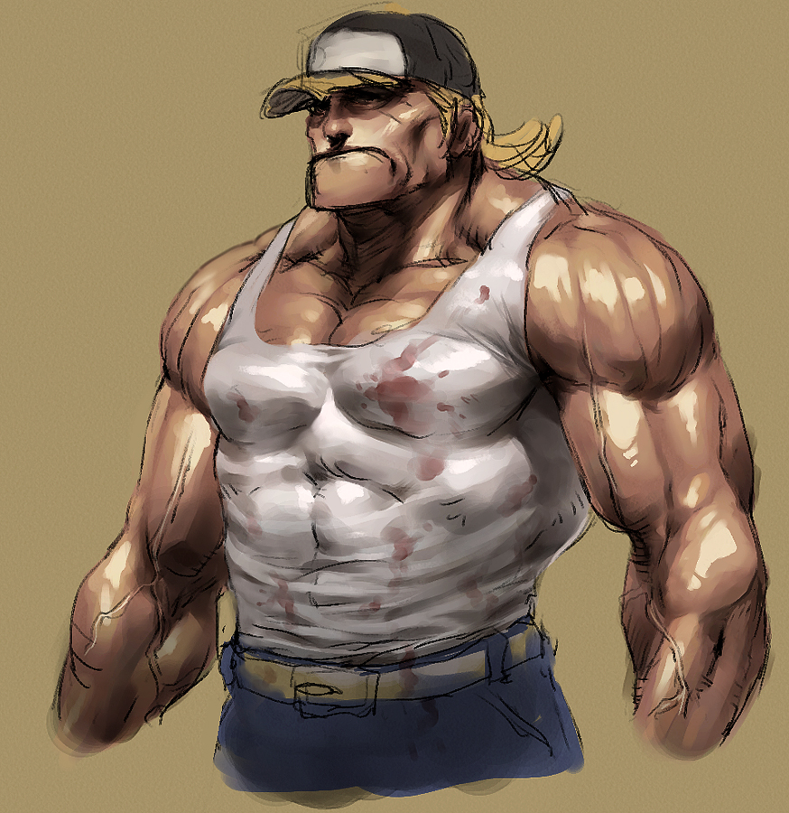chyko, terry bogard, fatal fury, snk, the king of fighters, unfinished, 1boy, baseball cap, blonde hair, hat, male focus, manly, muscular, solo, tank top, veins