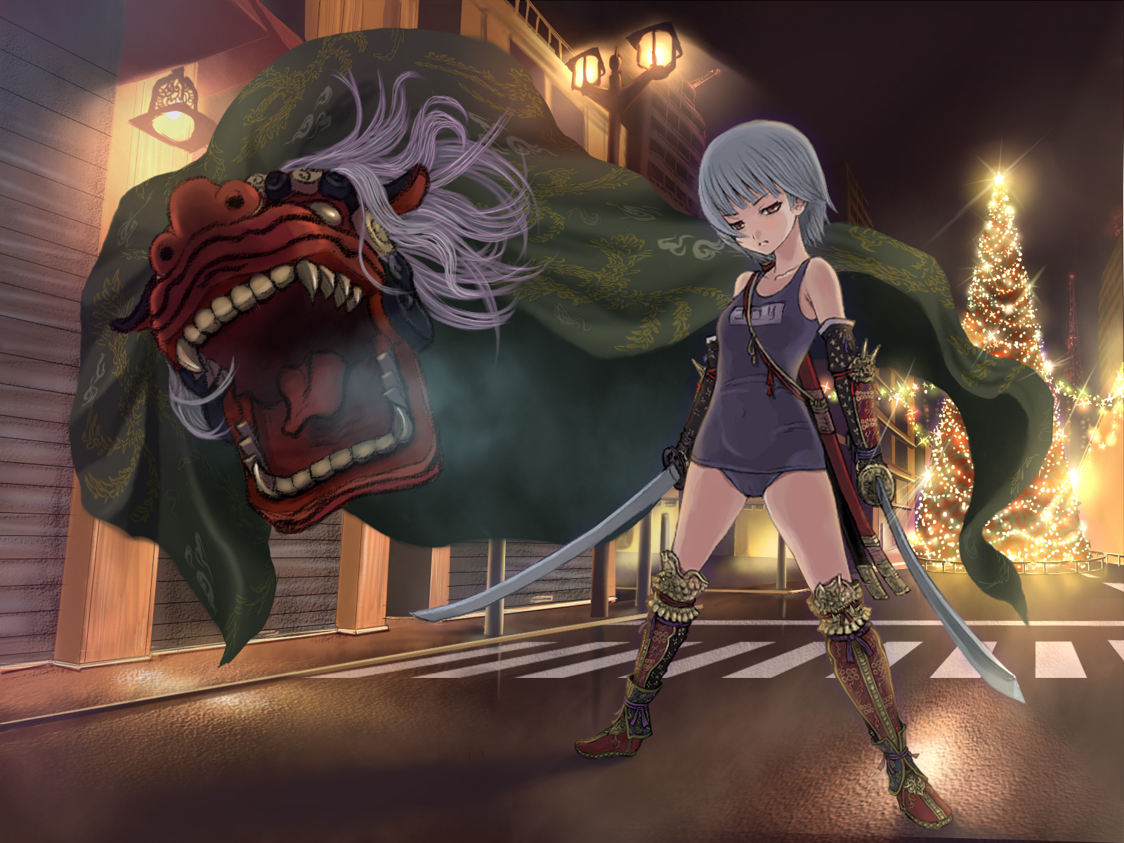honoji, futaba channel, silver hair, highres, 1girl, arm guards, armor, brown eyes, christmas tree, crosswalk, dragon, dual wielding, female focus, holding, japanese armor, kote, lamppost, leg armor, lion dance, meme, neta, night, one-piece swimsuit, road, school swimsuit, shin guards, shishimai, short hair, solo, street, suneate, swimsuit, sword, vanishing point, weapon