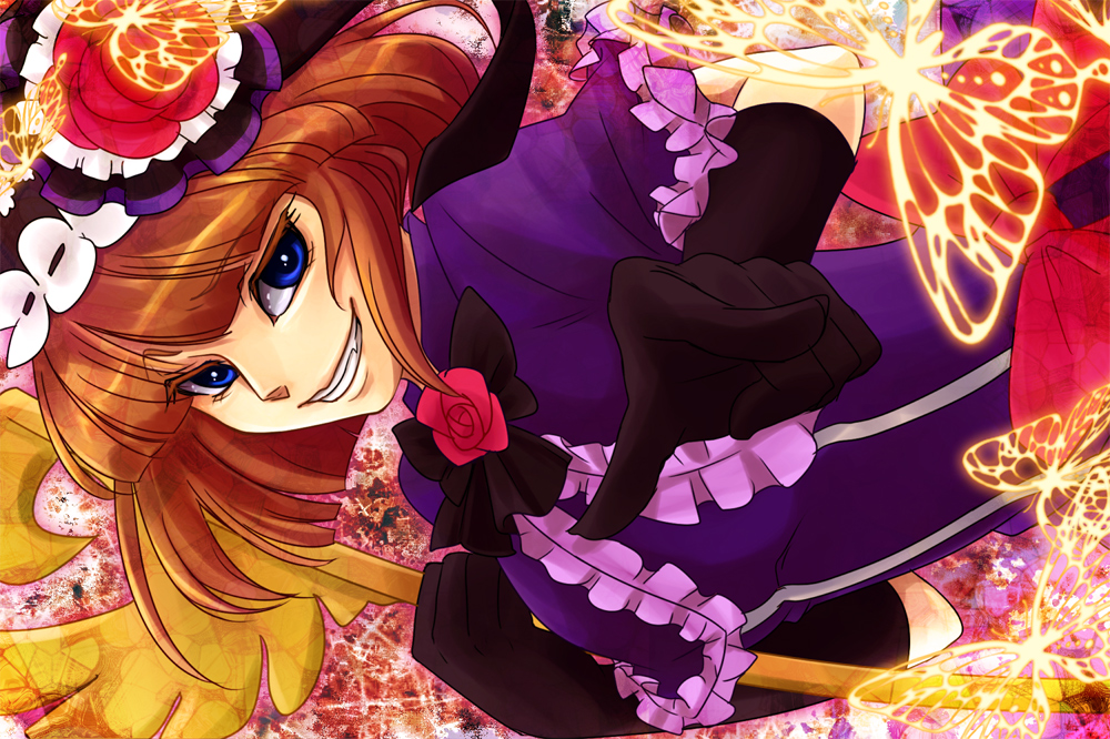 eringi oishii, chou, eva beatrice, umineko no naku koro ni, bad id, bad pixiv id, 00s, 1girl, blue eyes, bow, bug, butterfly, dress, fang, female focus, flower, gloves, grin, hat, orange hair, rose, smile, solo, staff