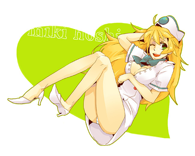 cammy meele, hoshii miki, ace attorney, ace attorney investigations, ace attorney investigations: miles edgeworth, capcom, idolmaster, idolmaster (classic), 1girl, alternate costume, blonde hair, blue panties, breasts, cammy meele (cosplay), character name, cleavage, cosplay, dress, female focus, flight attendant, green background, green eyes, happy, hat, heart, high heels, long hair, looking at viewer, medium breasts, one eye closed, open mouth, panties, pantyshot, shoes, short sleeves, smile, solo, striped clothes, striped panties, travel attendant, underwear, upskirt, white dress, white hat, white shoes, wink