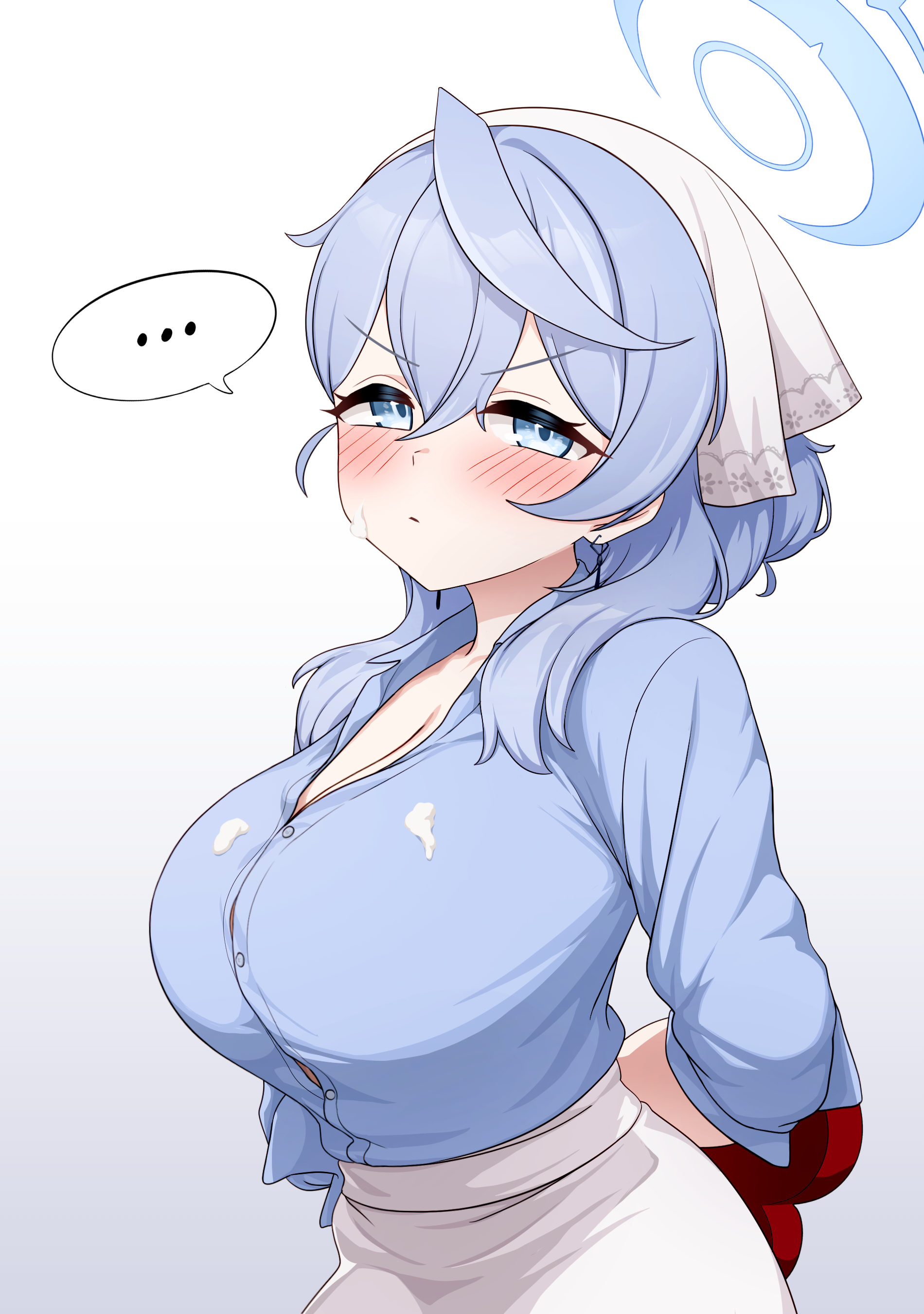 greenteamousou, ako (blue archive), blue archive, absurdres, commentary, highres, korean commentary, …, 1girl, alternate costume, blue eyes, blue hair, blue shirt, blush, breasts, button gap, cleavage, cream, cream on clothes, cream on face, food, food on face, halo, large breasts, looking at viewer, open collar, shirt, shirt tucked in, simple background, solo, spoken ellipsis, v-shaped eyebrows, veil
