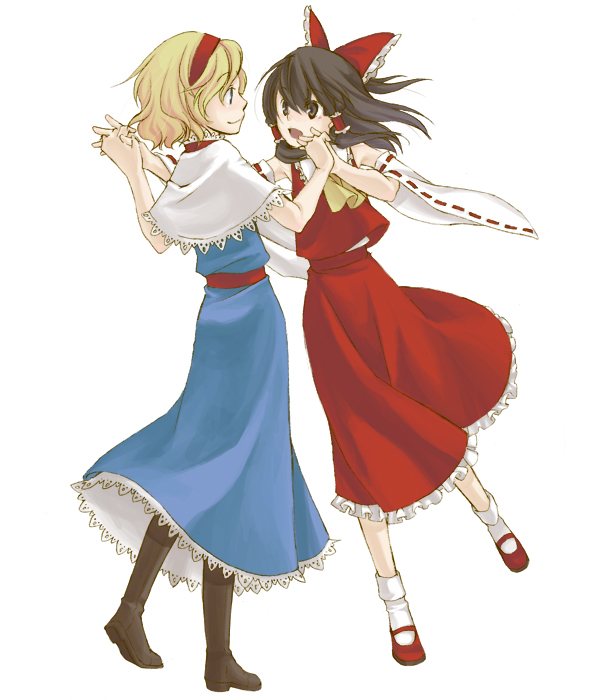 yoshida nishi, alice margatroid, hakurei reimu, touhou, 2girls, :o, blonde hair, blue eyes, bow, brown eyes, brown hair, capelet, dancing, detached sleeves, female focus, hair bow, hair tubes, hairband, holding hands, multiple girls, open mouth, pantyhose, ribbon, short hair, smile