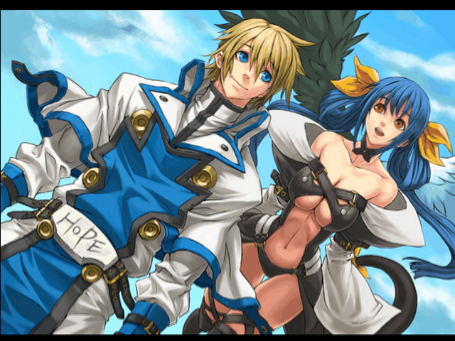 dizzy (guilty gear), ky kiske, arc system works, guilty gear, guilty gear x, guilty gear xx, official art, 1boy, 1girl, asymmetrical wings, bare shoulders, blonde hair, blue eyes, blue hair, breasts, choker, cleavage, couple, flying, happy, hetero, large breasts, long hair, midriff, red eyes, ribbon, short hair, sky, tail, tail ornament, tail ribbon, thighhighs, twintails, underboob, wings
