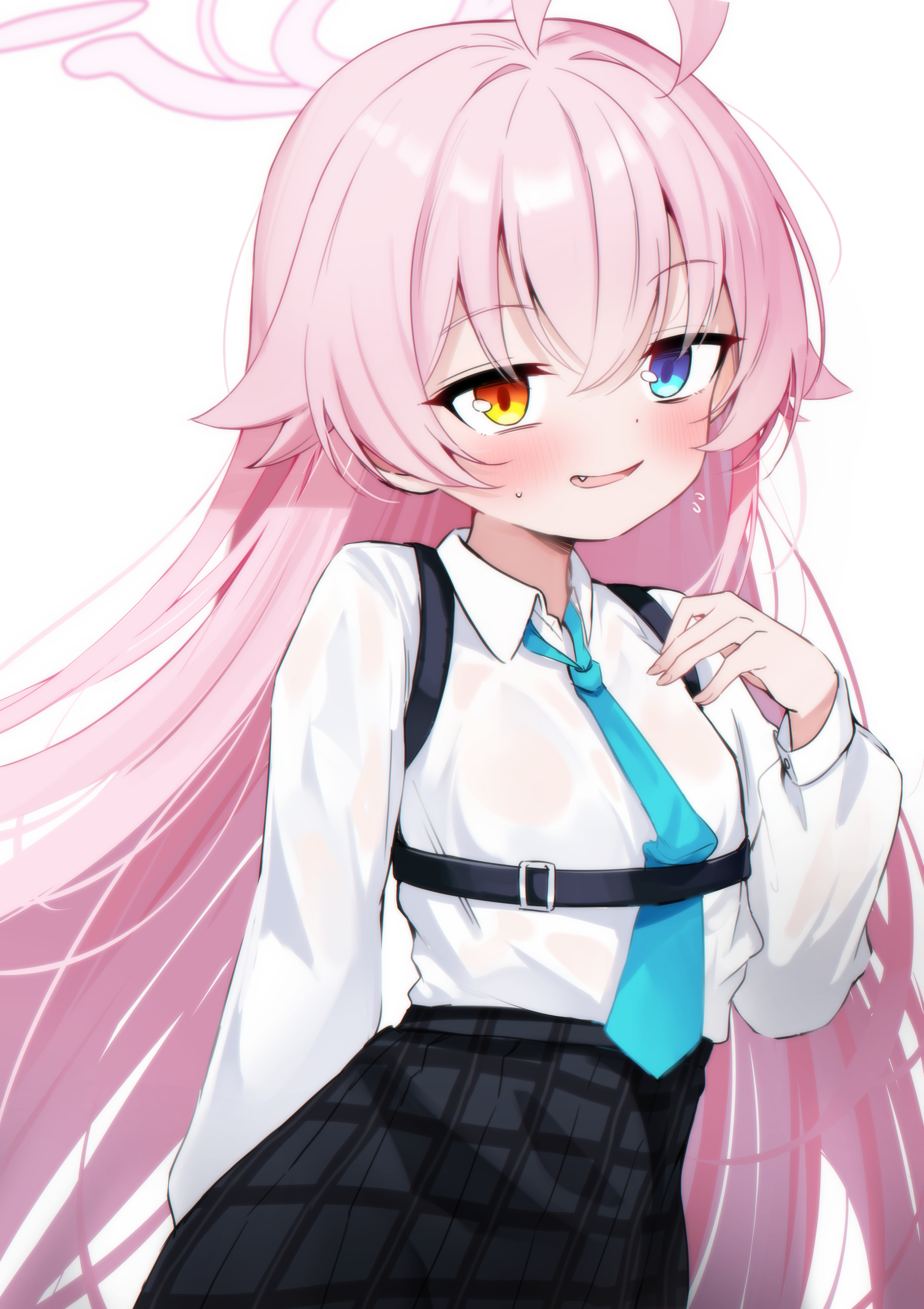 nakatokung, hoshino (blue archive), blue archive, absurdres, commentary, highres, 1girl, ahoge, aqua necktie, black skirt, blush, chest harness, fang, flying sweatdrops, hair flaps, halo, harness, heterochromia, long hair, long sleeves, looking at viewer, necktie, pink hair, plaid clothes, plaid skirt, school uniform, shirt, skirt, smile, solo, straight hair, sweatdrop, very long hair, white shirt