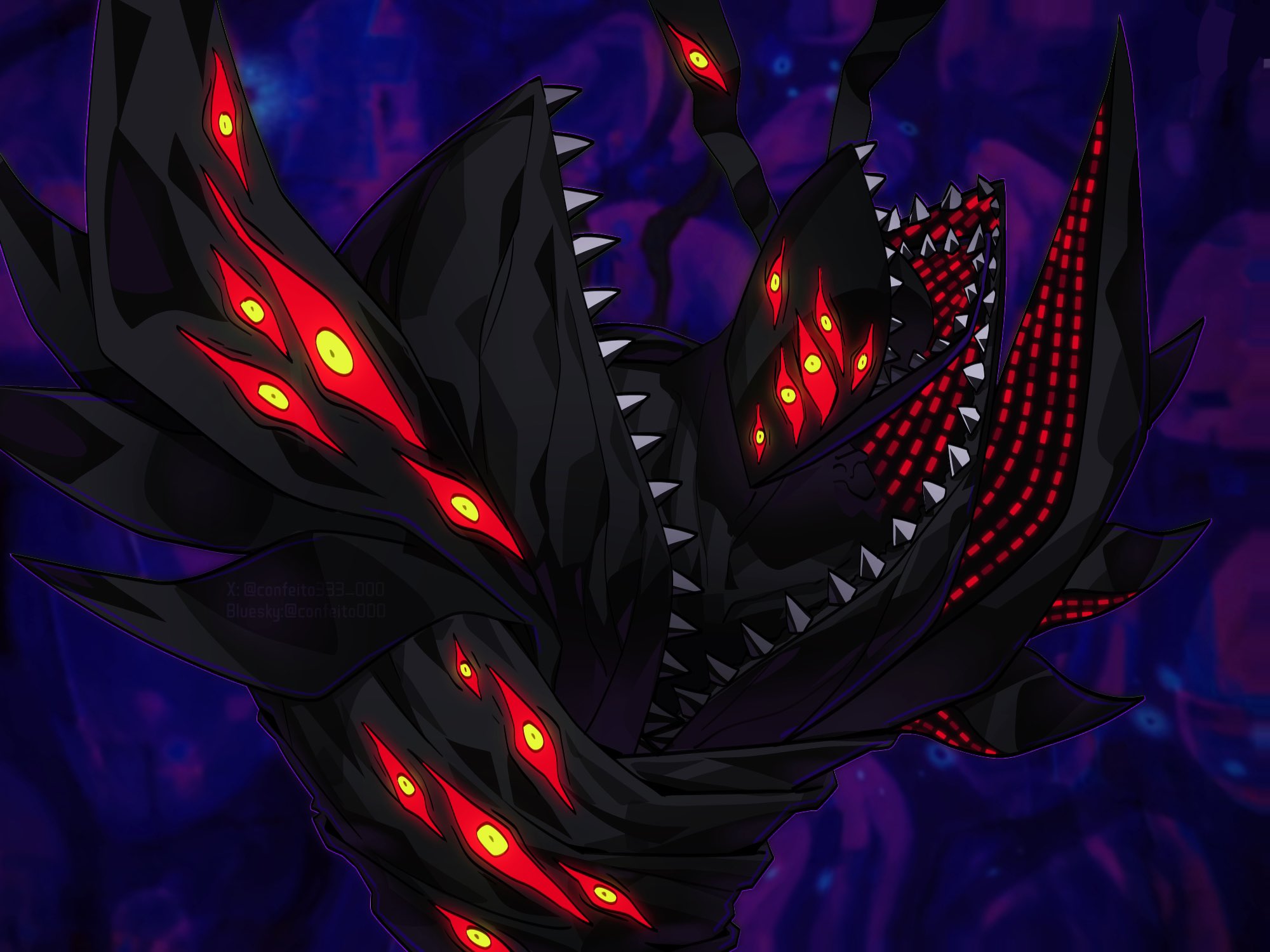 confeito000 333, abbadomon core, digimon, highres, black skin, colored sclera, colored skin, dark background, digimon (creature), extra eyes, glowing, glowing eyes, purple background, red sclera, sharp teeth, solo, teeth, upper body, yellow eyes