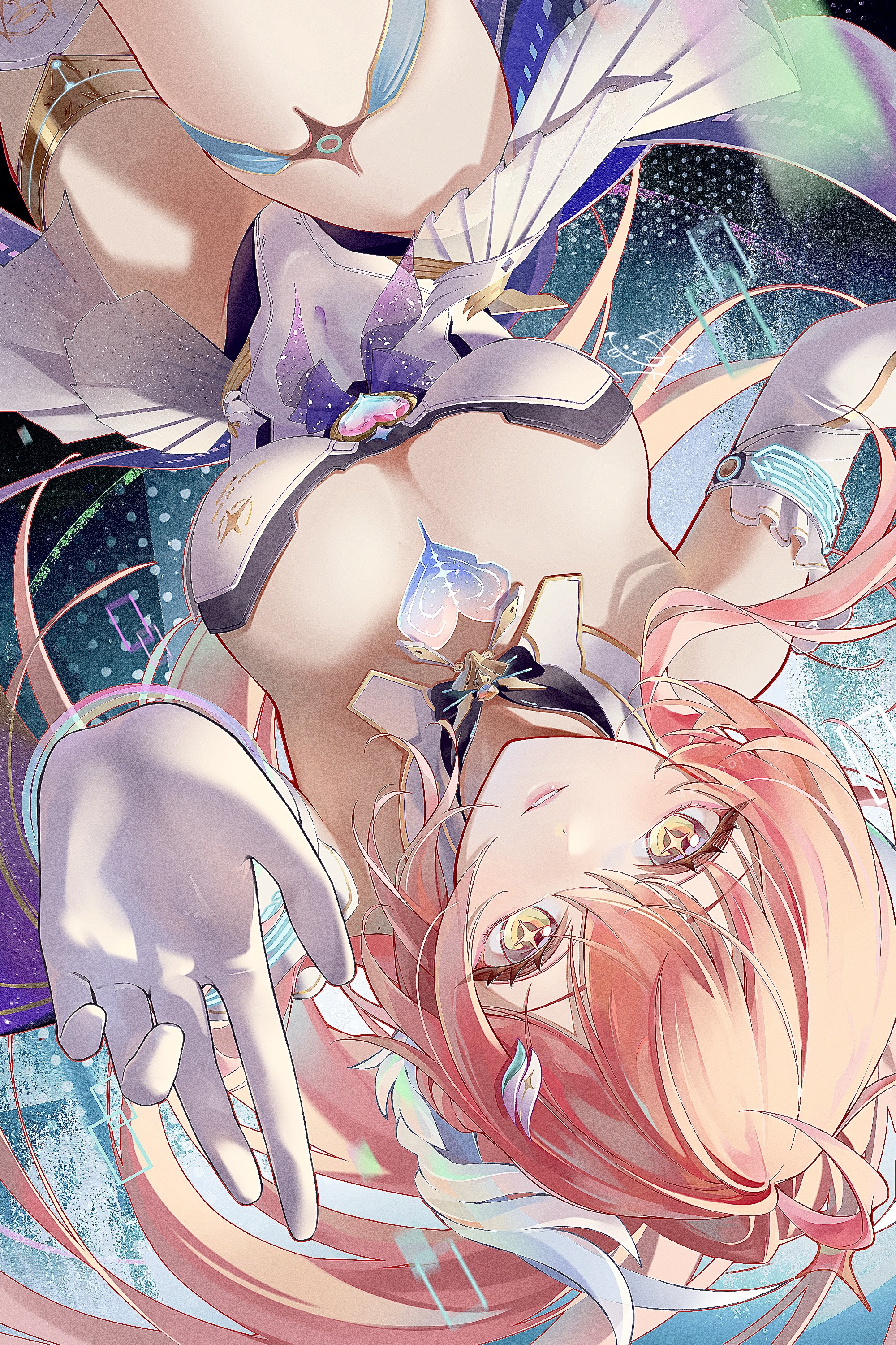 chigusa7h, aemeath (wuthering waves), wuthering waves, absurdres, commentary request, highres, 1girl, bare shoulders, breasts, covered navel, elbow gloves, gloves, hair ornament, hand up, jewelry, large breasts, leotard, light smile, long hair, looking at viewer, parted lips, pink hair, showgirl skirt, skirt, solo, star-shaped pupils, star (symbol), symbol-shaped pupils, tacet mark (wuthering waves), thighlet, thighs, white gloves, white leotard, white skirt