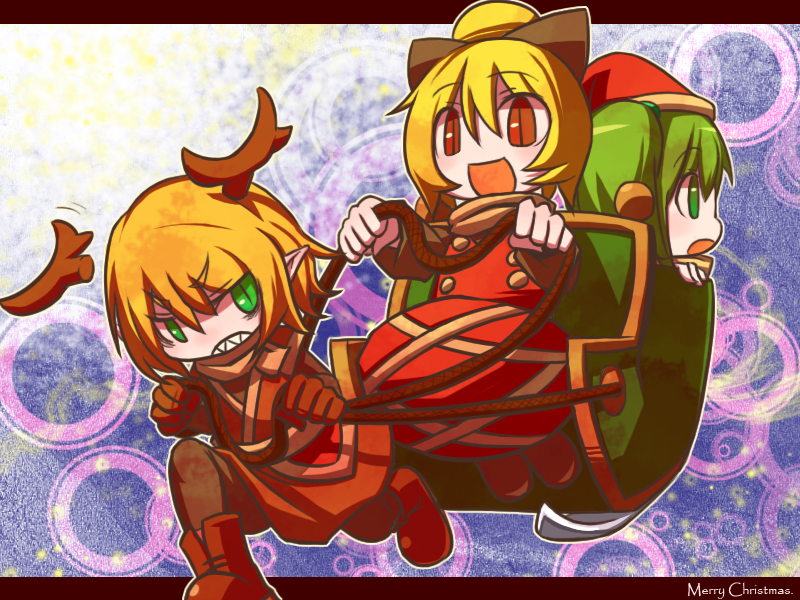 hakika, kisume, kurodani yamame, mizuhashi parsee, touhou, bad id, bad pixiv id, 3girls, antlers, blonde hair, brown eyes, christmas, female focus, green eyes, green hair, horns, multiple girls, sleigh