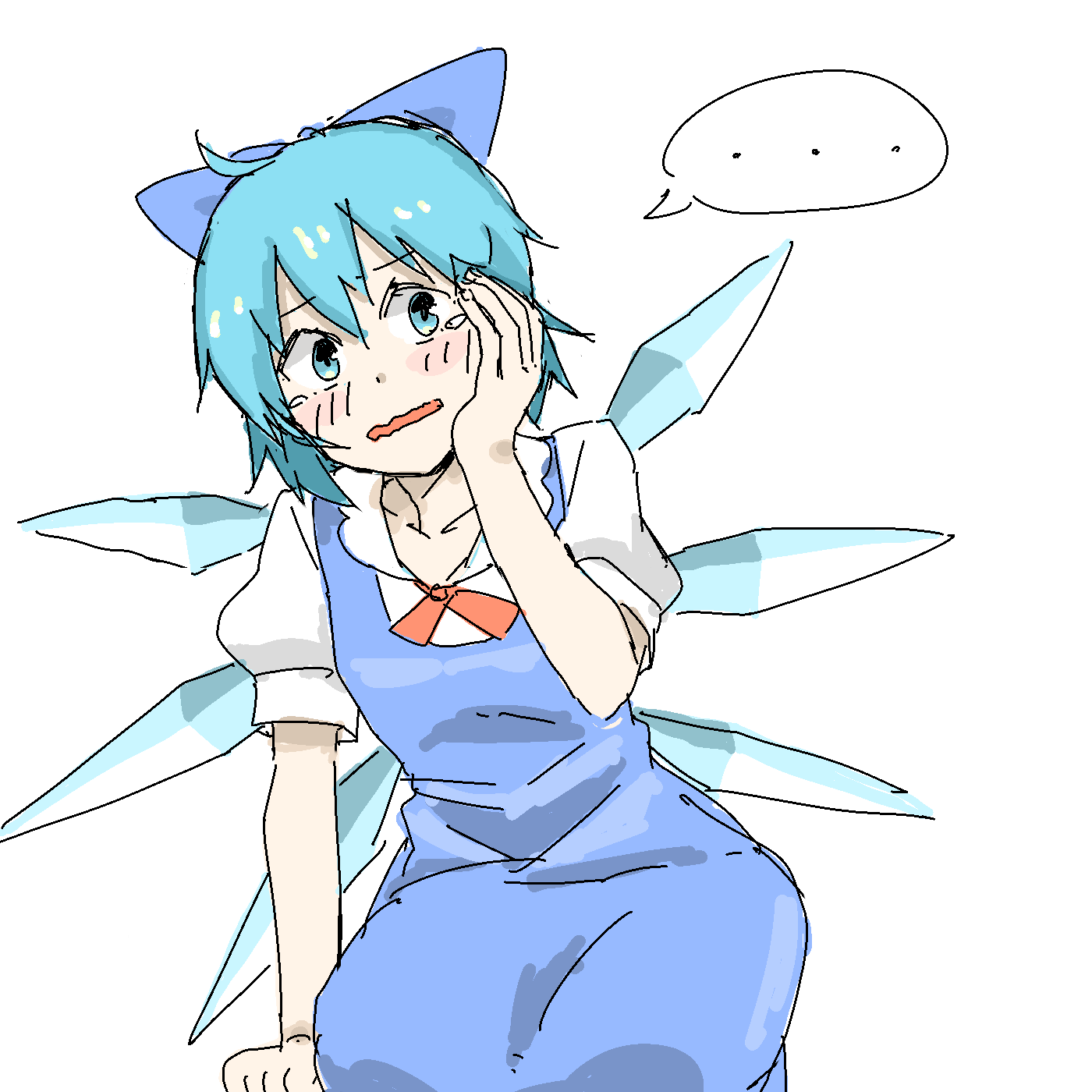 aharan, cirno, embodiment of scarlet devil, touhou, bad id, bad pixiv id, highres, blouse, blue eyes, blue hair, collared shirt, dress, hair between eyes, kneeling, oekaki, pinafore dress, shirt, short hair, sleeveless, sleeveless dress, speech bubble, tears, white shirt