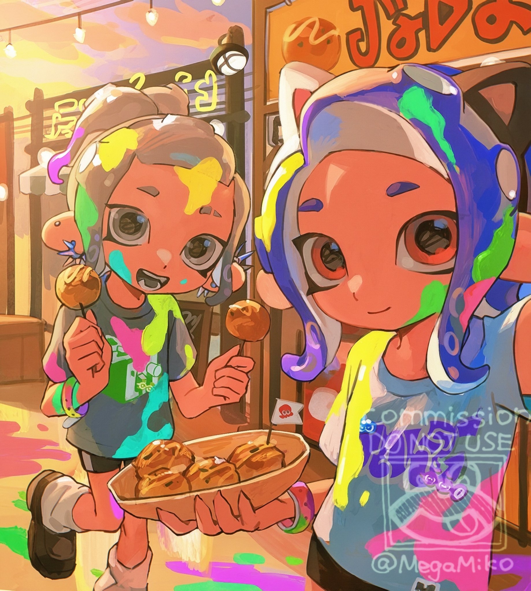 miko (15476997), octoling girl, octoling player character, nintendo, splatoon (series), splatoon 3, commentary, commission, highres, symbol-only commentary, 2girls, :d, animal ear hairband, animal ears, black shorts, brown eyes, brown shoes, cat ears, closed mouth, earrings, eyebrow cut, fake animal ears, fangs, food, grey eyes, grey hair, grey shirt, hairband, holding, holding food, jewelry, looking at viewer, medium hair, multiple girls, octoling, open mouth, paint splatter, paint splatter on face, parted bangs, ponytail, purple hair, reaching, reaching towards viewer, selfie, shirt, shoes, short hair, short ponytail, short sleeves, shorts, smile, socks, t-shirt, taking picture, takoyaki, tentacle hair, watermark, white shirt, white socks, wristband