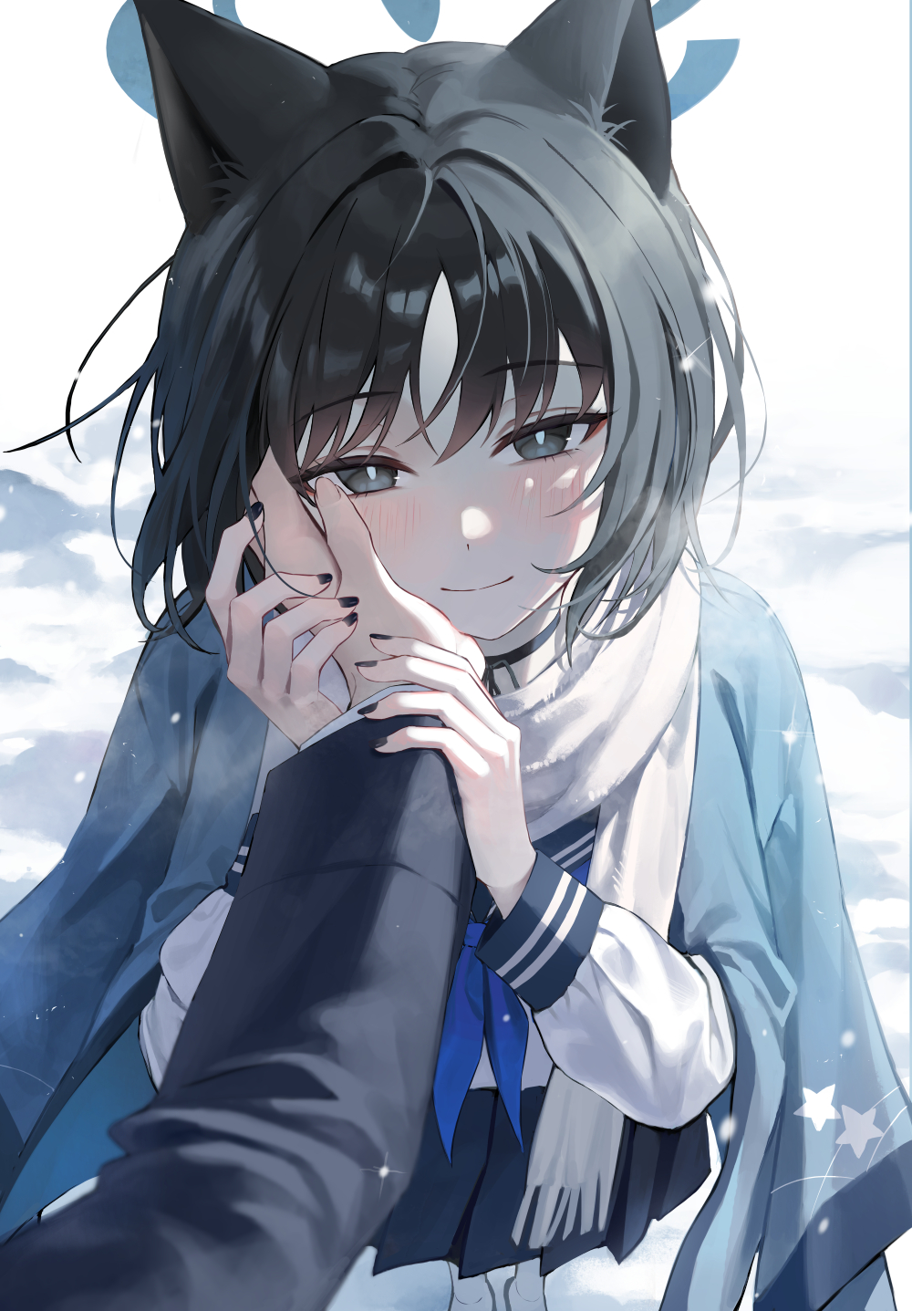 nea (nea 77), kikyou (blue archive), sensei (blue archive), blue archive, commentary request, highres, 1boy, 1girl, animal ears, black choker, black eyes, black hair, blue halo, blue haori, blue neckerchief, cat ears, cat girl, choker, closed mouth, grabbing another's hand, halo, hand on another's cheek, hand on another's face, haori, japanese clothes, light blush, long sleeves, looking at viewer, neckerchief, pleated skirt, pov, pov hands, sailor collar, scarf, school uniform, serafuku, short hair, skirt, smile, snow, snowing, solo focus, white scarf, white serafuku