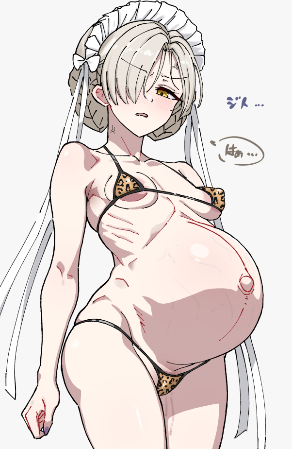 mitsuame miiro, sheffield (azur lane), azur lane, commentary, 1girl, anger vein, annoyed, apron, big belly, bikini, blush, breasts, brown hair, collarbone, covered erect nipples, frilled apron, frills, hair over one eye, large areolae, micro bikini, outie navel, pregnant, purple nails, simple background, small breasts, solo, standing, swimsuit, white background, yellow eyes